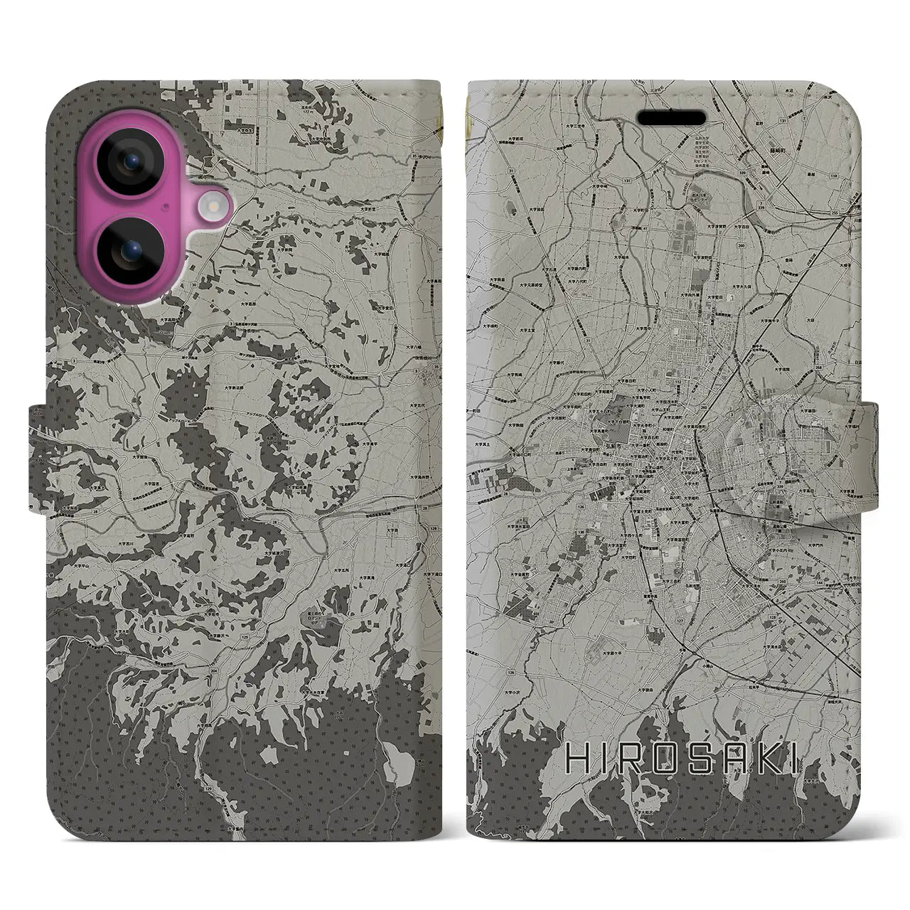 【弘前(青森県)】地図柄iPhoneケース(手帳タイプ)モノトーン・iPhone 16 Pro 用