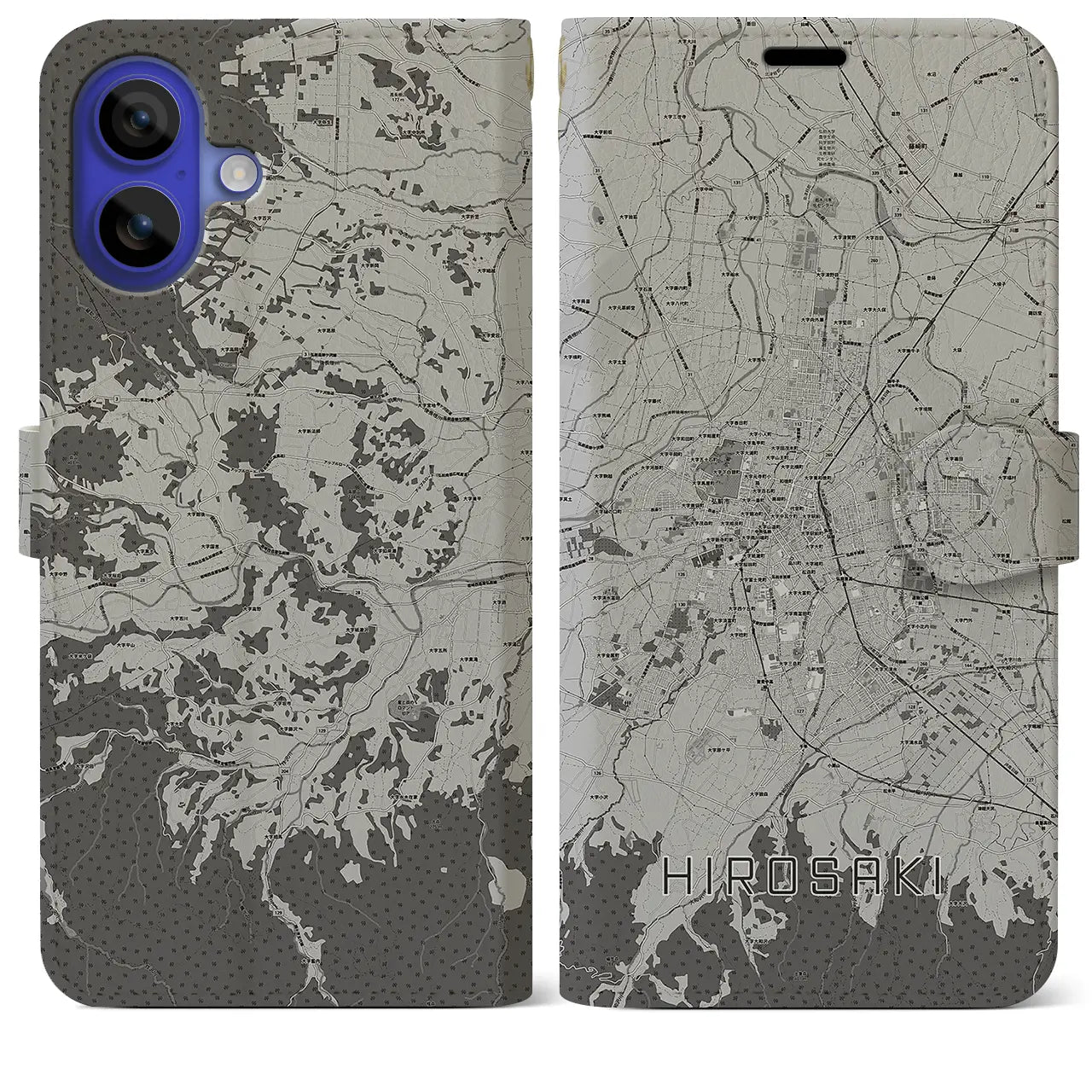 【弘前(青森県)】地図柄iPhoneケース(手帳タイプ)モノトーン・iPhone 16 Pro Max 用