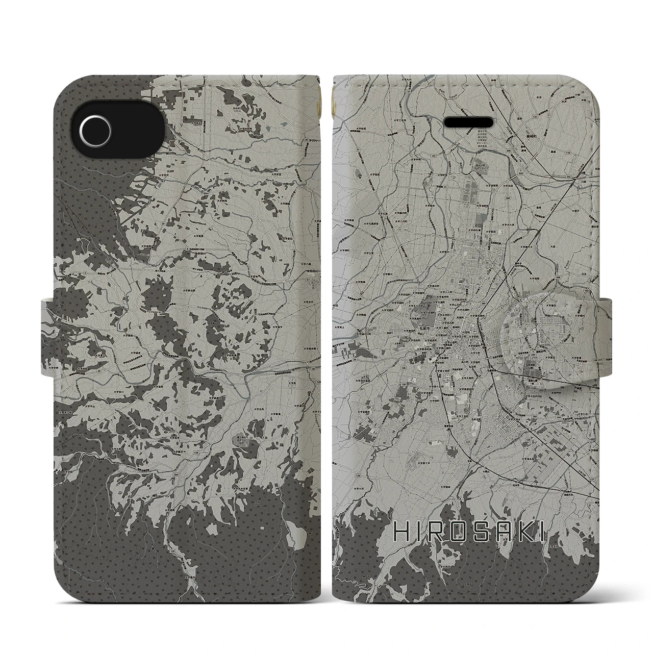 【弘前(青森県)】地図柄iPhoneケース(手帳タイプ)モノトーン・iPhone SE(第3 / 第2世代) / 8 / 7 / 6s / 6 用