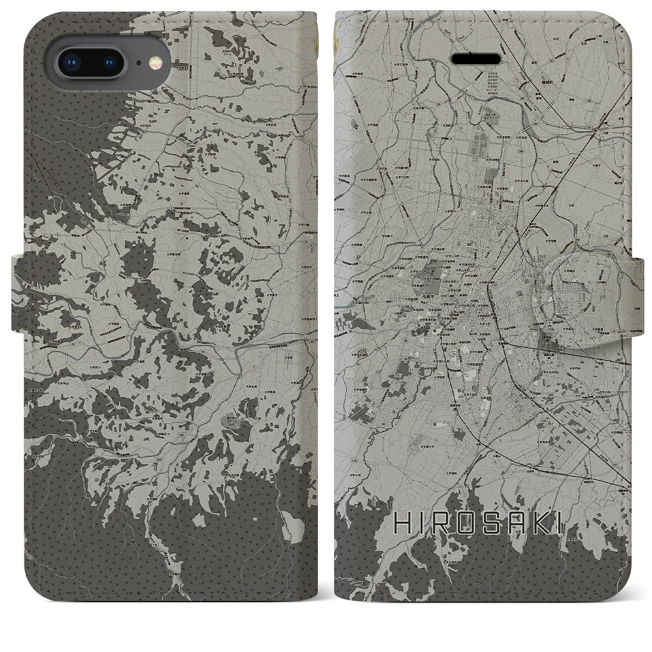 【弘前(青森県)】地図柄iPhoneケース(手帳タイプ)モノトーン・iPhone 8Plus /7Plus / 6sPlus / 6Plus 用