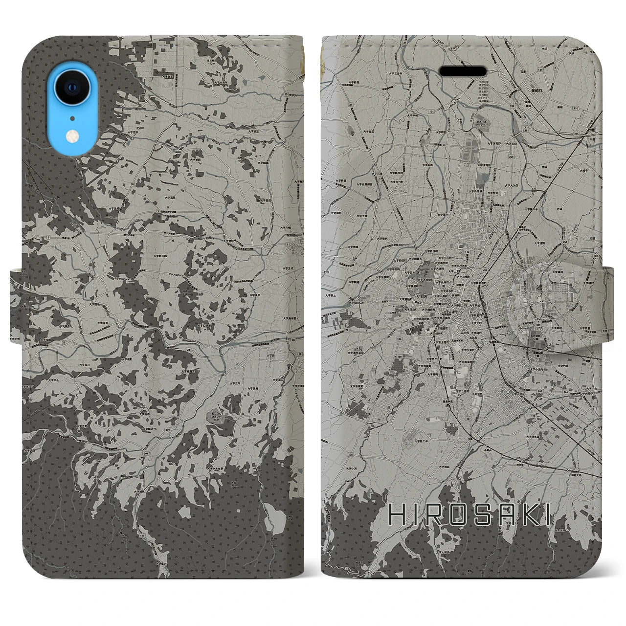 【弘前(青森県)】地図柄iPhoneケース(手帳タイプ)モノトーン・iPhone XR 用