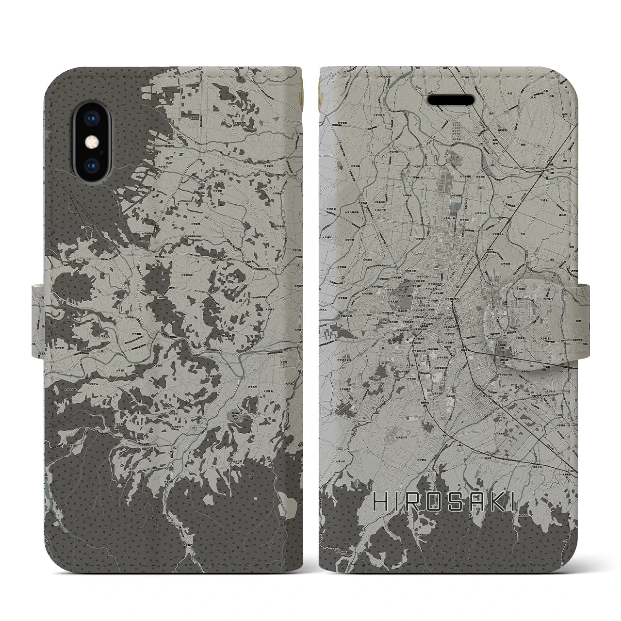 【弘前(青森県)】地図柄iPhoneケース(手帳タイプ)モノトーン・iPhone XS / X 用