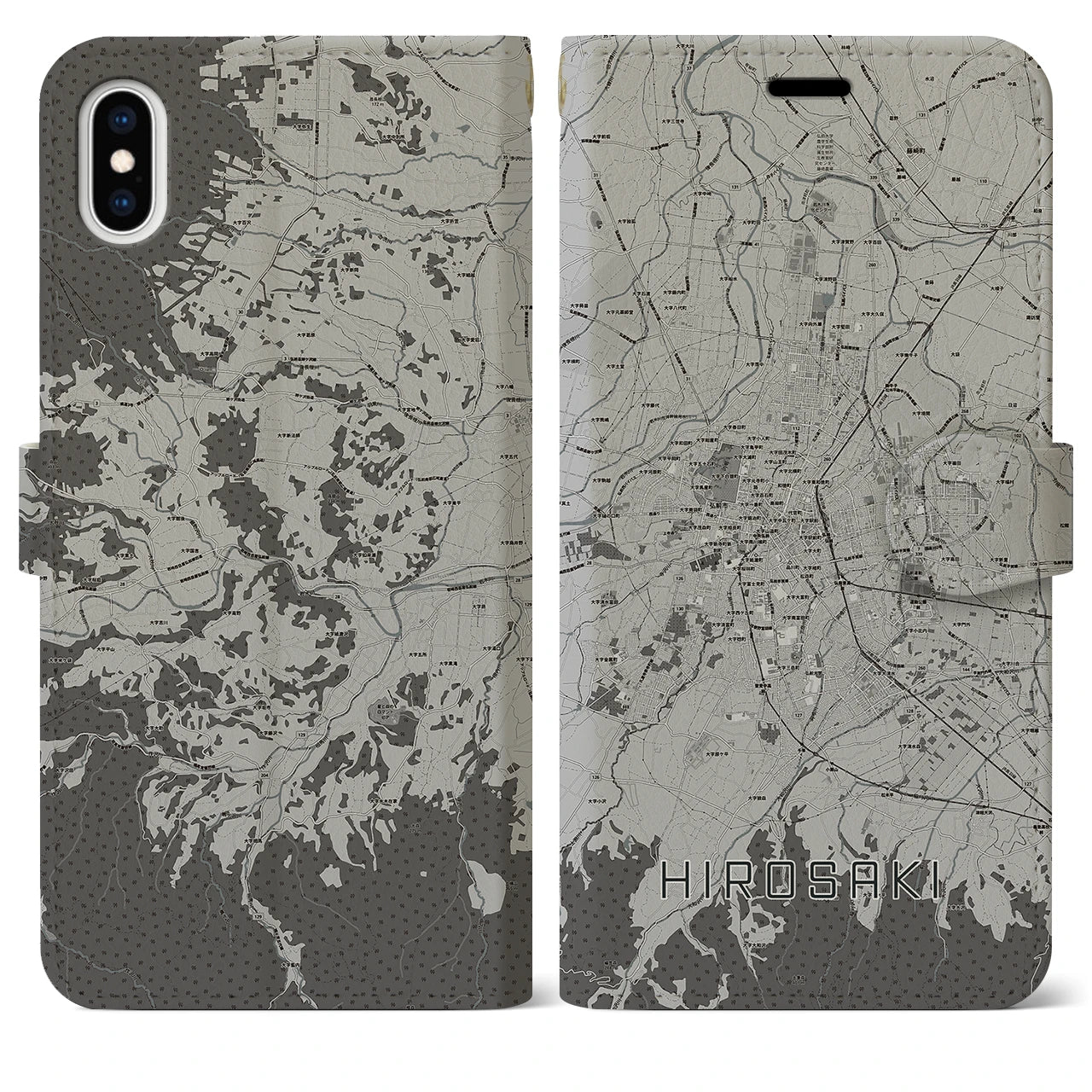 【弘前(青森県)】地図柄iPhoneケース(手帳タイプ)モノトーン・iPhone XS Max 用