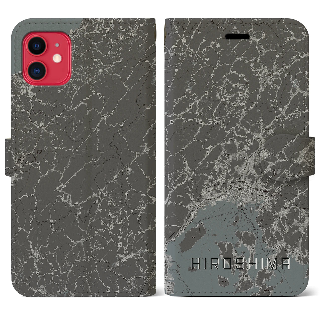 【広島2(広島県)】地図柄iPhoneケース(手帳タイプ)モノトーン・iPhone 11 用