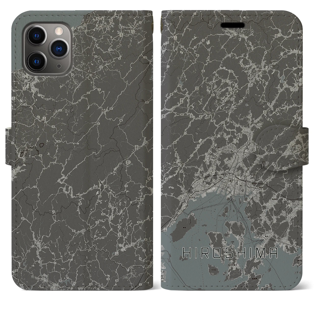 【広島2(広島県)】地図柄iPhoneケース(手帳タイプ)モノトーン・iPhone 11 Pro Max 用