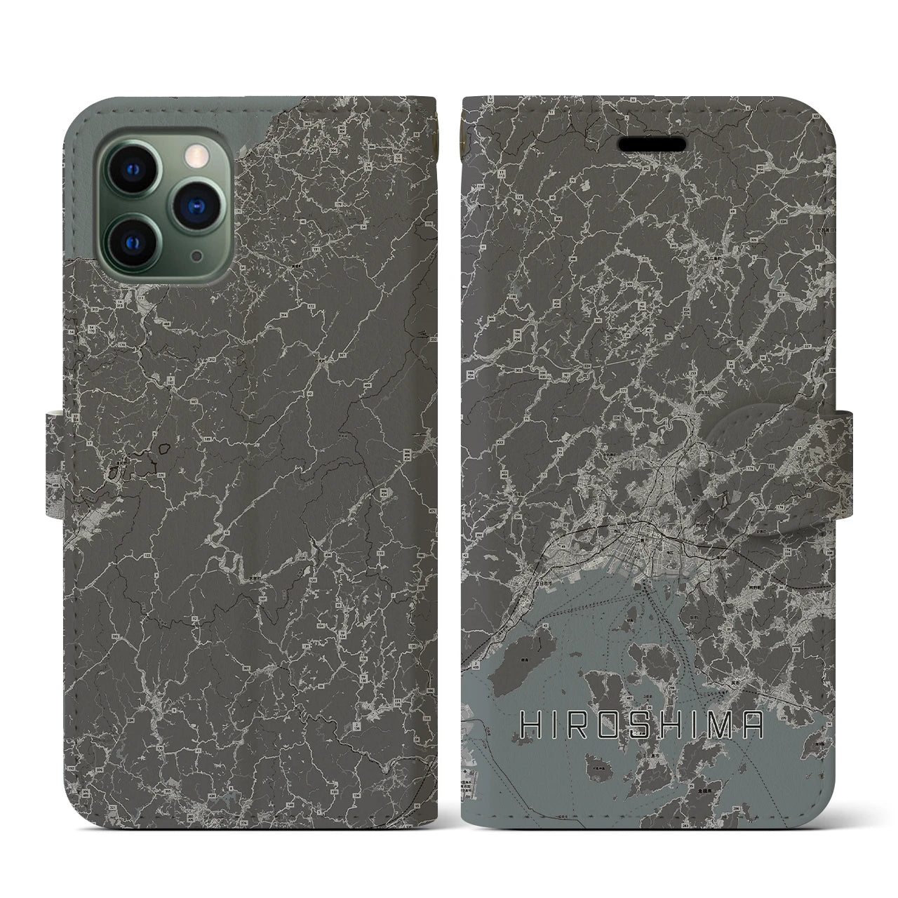【広島2(広島県)】地図柄iPhoneケース(手帳タイプ)モノトーン・iPhone 11 Pro 用