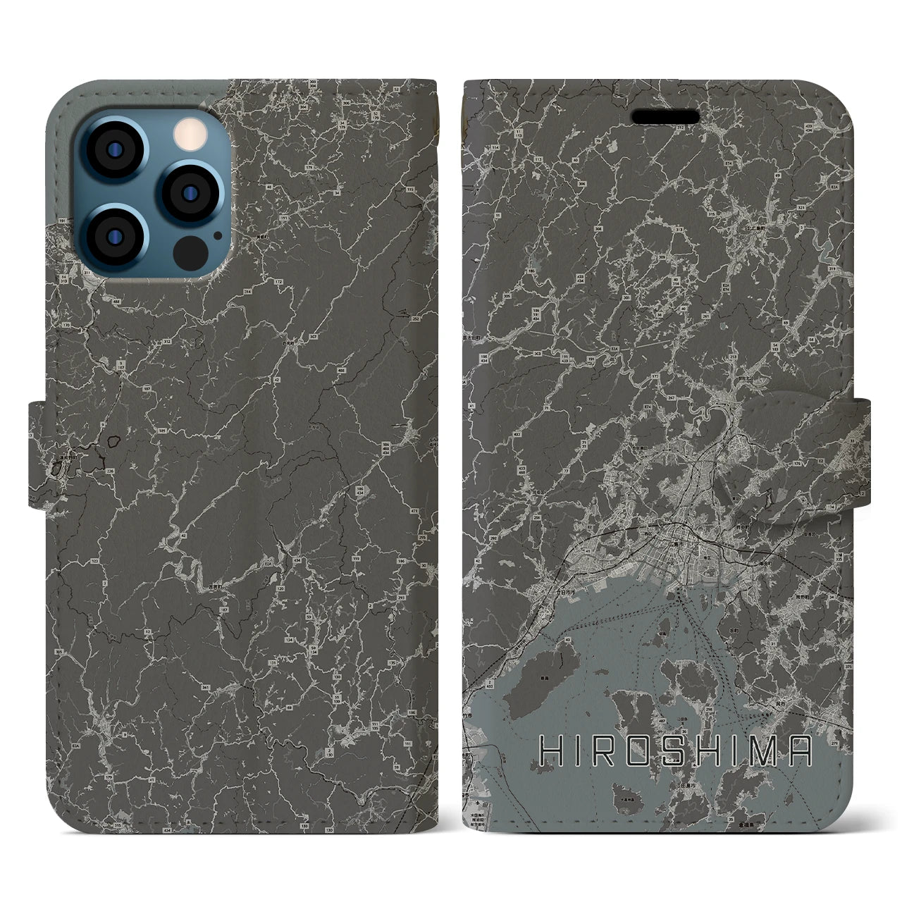 【広島2(広島県)】地図柄iPhoneケース(手帳タイプ)モノトーン・iPhone 12 / 12 Pro 用