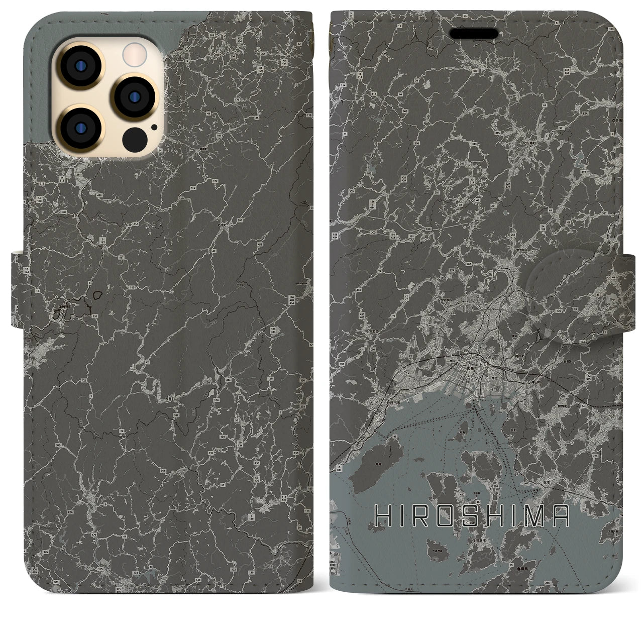 【広島2(広島県)】地図柄iPhoneケース(手帳タイプ)モノトーン・iPhone 12 Pro Max 用
