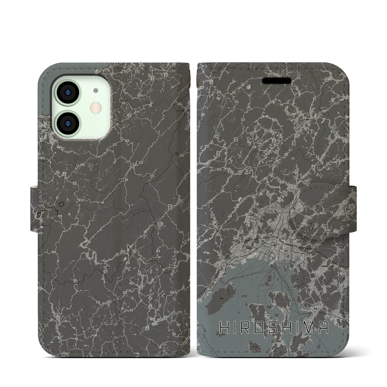 【広島2(広島県)】地図柄iPhoneケース(手帳タイプ)モノトーン・iPhone 12 mini 用