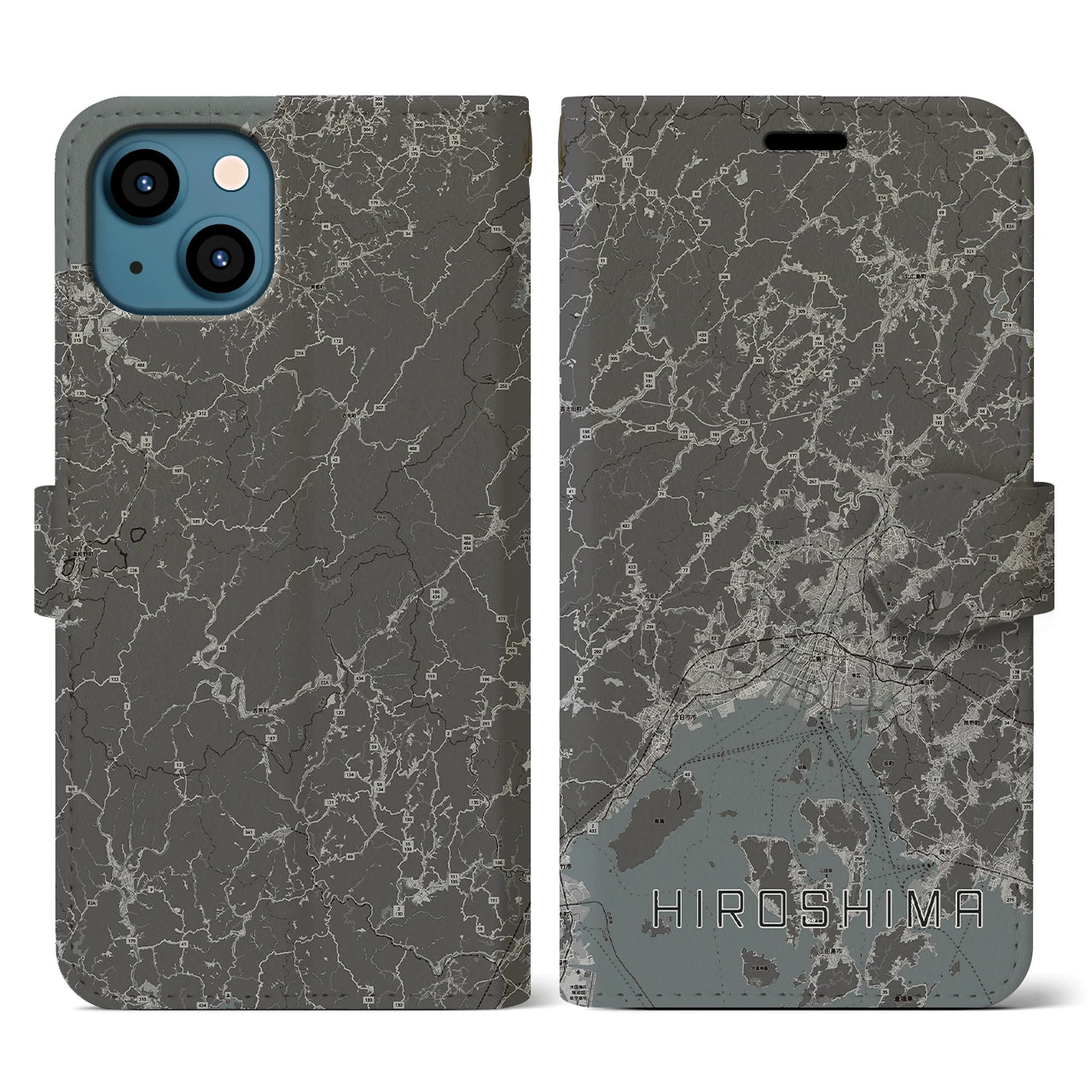 【広島2(広島県)】地図柄iPhoneケース(手帳タイプ)モノトーン・iPhone 13 用