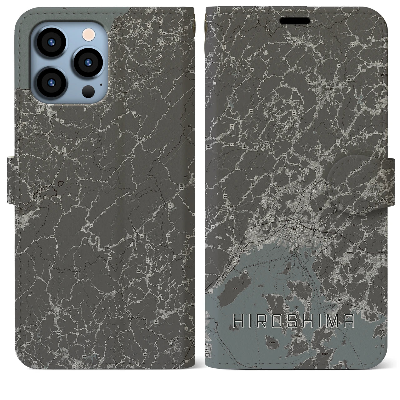 【広島2(広島県)】地図柄iPhoneケース(手帳タイプ)モノトーン・iPhone 13 Pro Max 用
