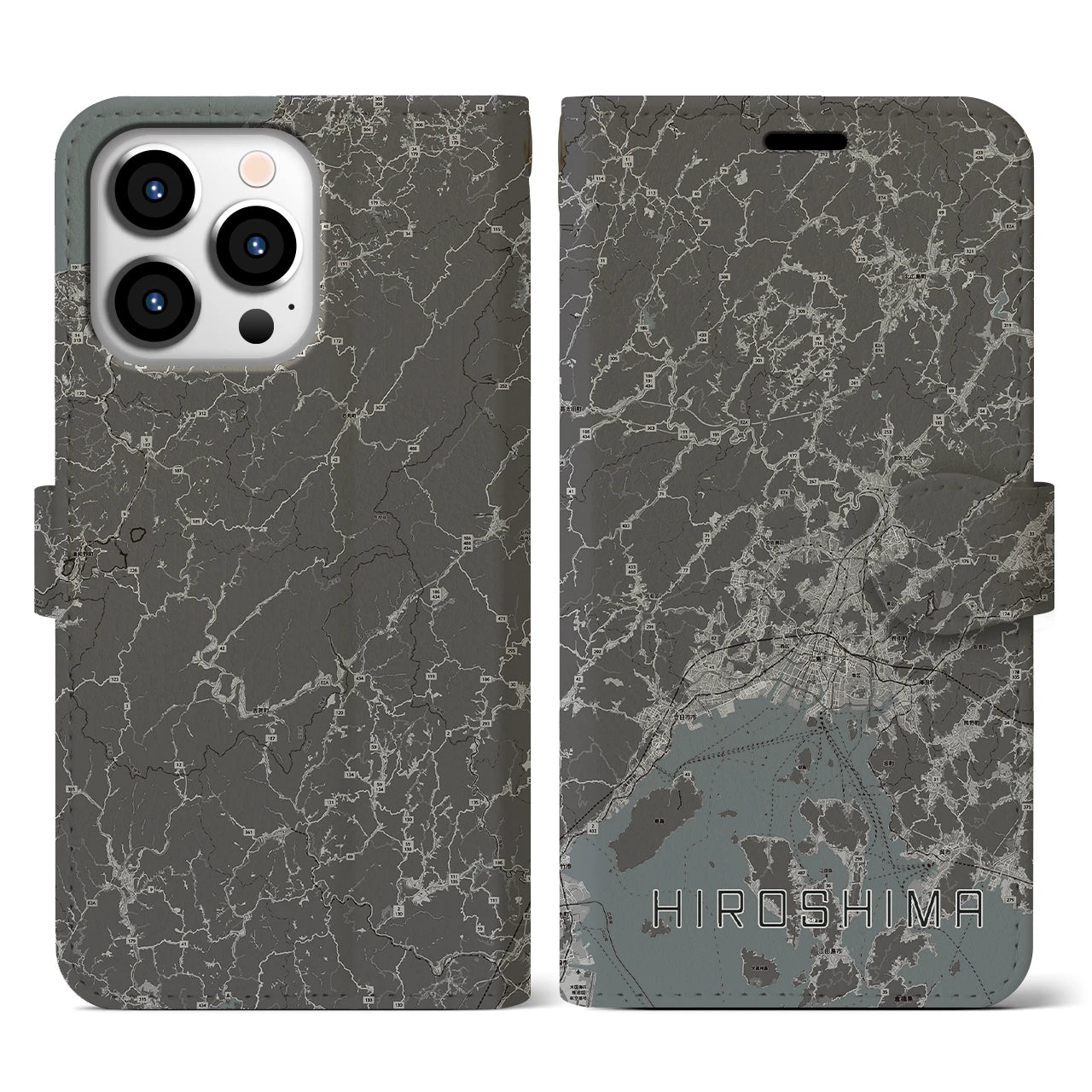 【広島2(広島県)】地図柄iPhoneケース(手帳タイプ)モノトーン・iPhone 13 Pro 用