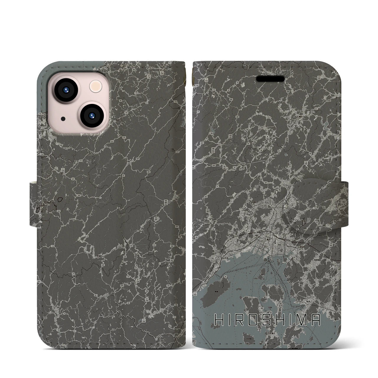 【広島2(広島県)】地図柄iPhoneケース(手帳タイプ)モノトーン・iPhone 13 mini 用