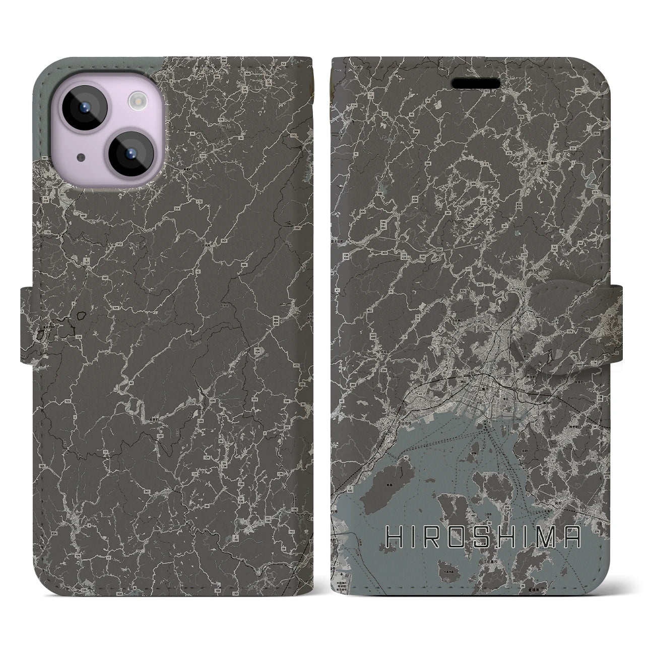 【広島2(広島県)】地図柄iPhoneケース(手帳タイプ)モノトーン・iPhone 14 用