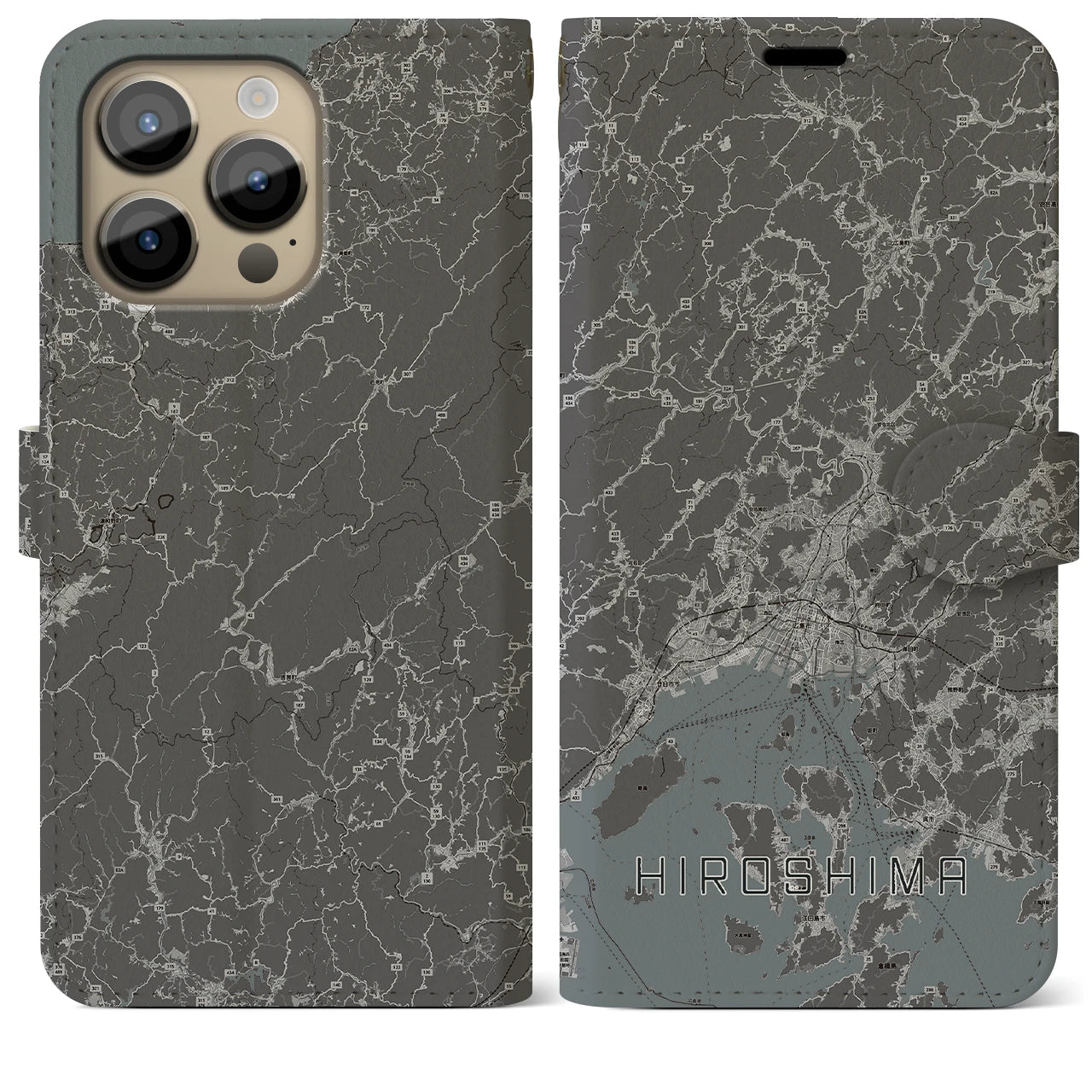 【広島2(広島県)】地図柄iPhoneケース(手帳タイプ)モノトーン・iPhone 14 Pro Max 用