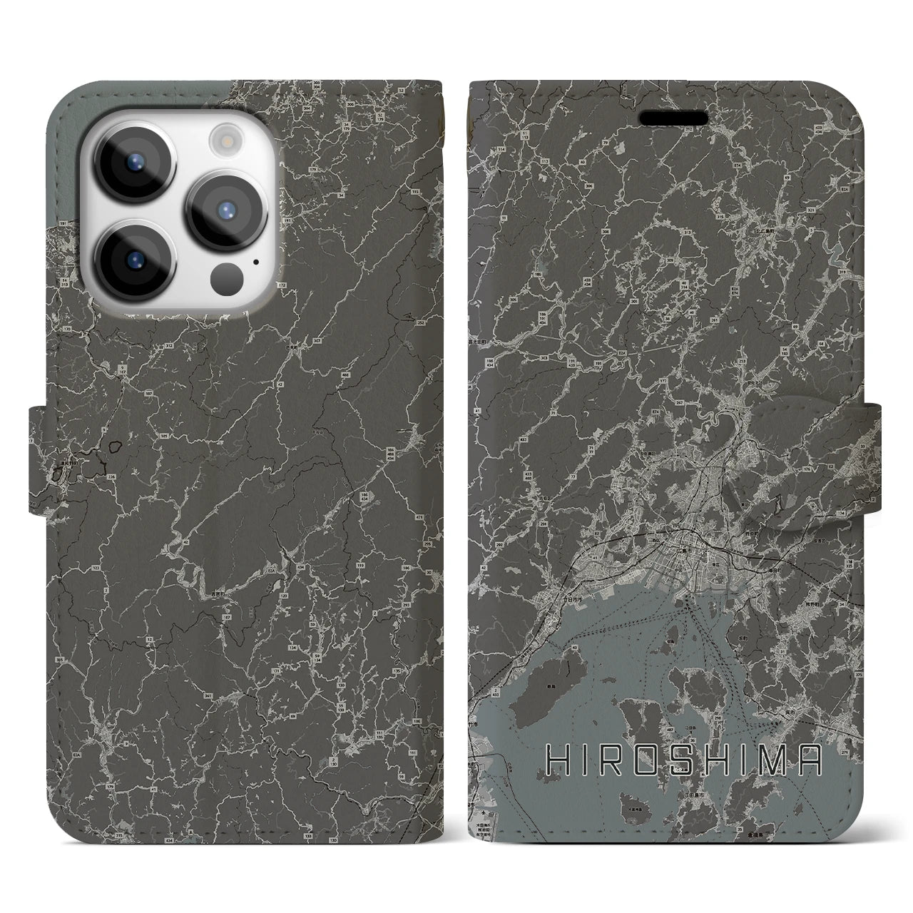 【広島2(広島県)】地図柄iPhoneケース(手帳タイプ)モノトーン・iPhone 14 Pro 用