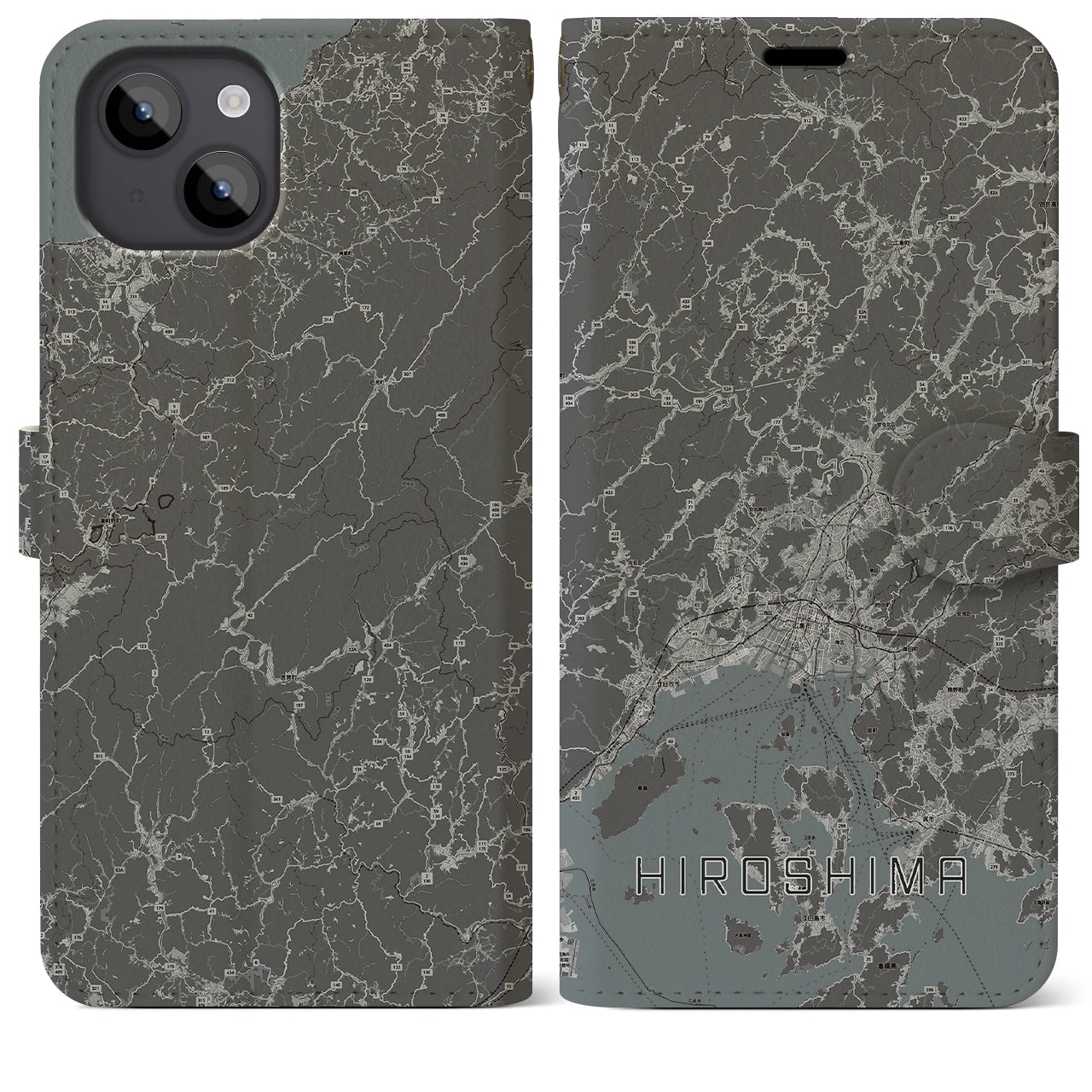 【広島2(広島県)】地図柄iPhoneケース(手帳タイプ)モノトーン・iPhone 14 Plus 用