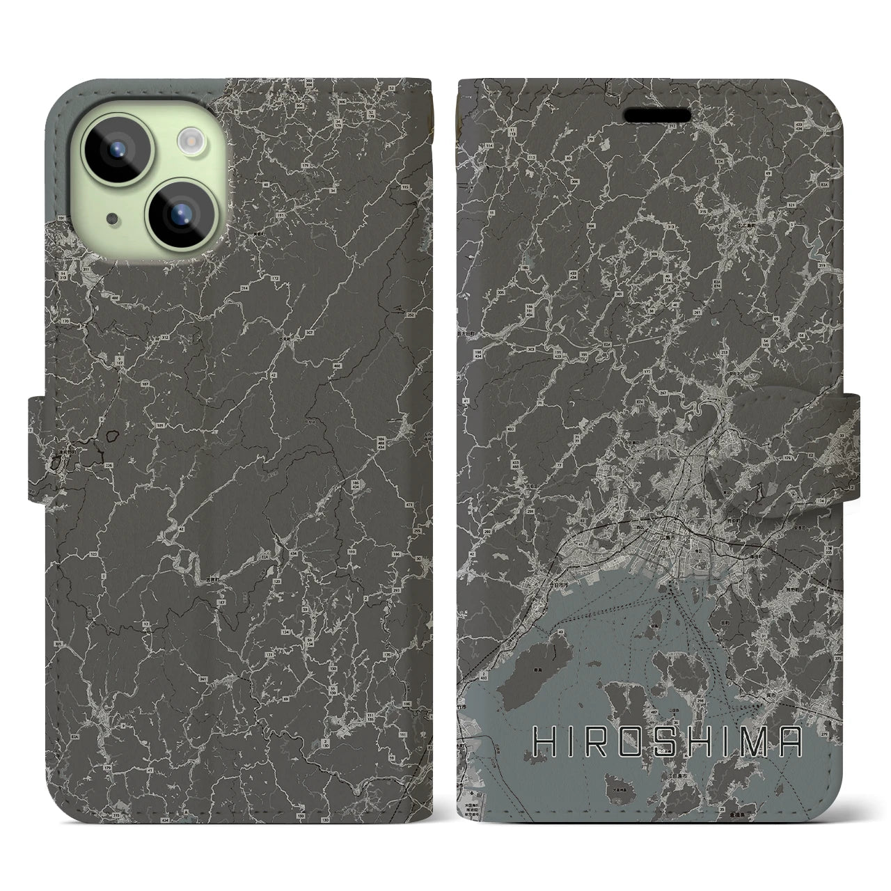 【広島2(広島県)】地図柄iPhoneケース(手帳タイプ)モノトーン・iPhone 15 用