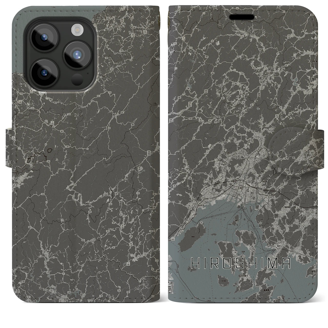 【広島2(広島県)】地図柄iPhoneケース(手帳タイプ)モノトーン・iPhone 15 Pro Max 用