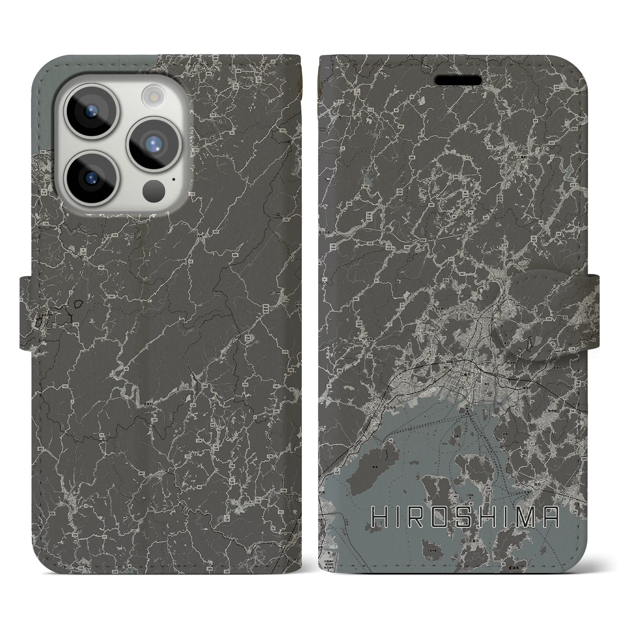【広島2(広島県)】地図柄iPhoneケース(手帳タイプ)モノトーン・iPhone 15 Pro 用