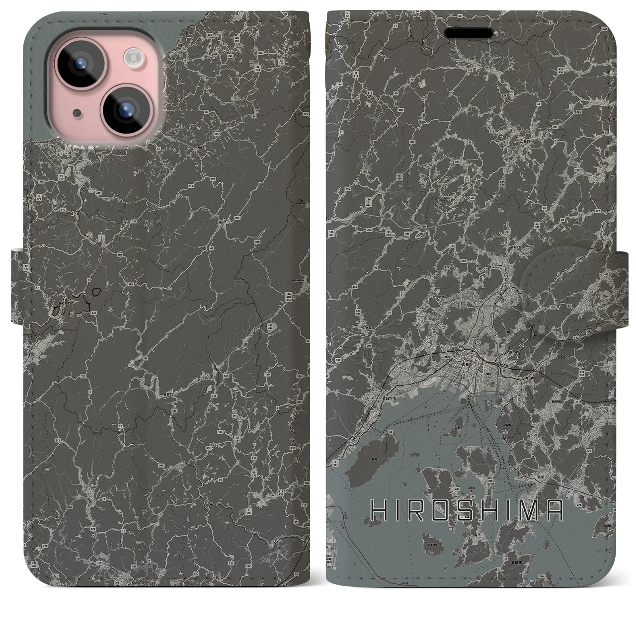 【広島2(広島県)】地図柄iPhoneケース(手帳タイプ)モノトーン・iPhone 15 Plus 用