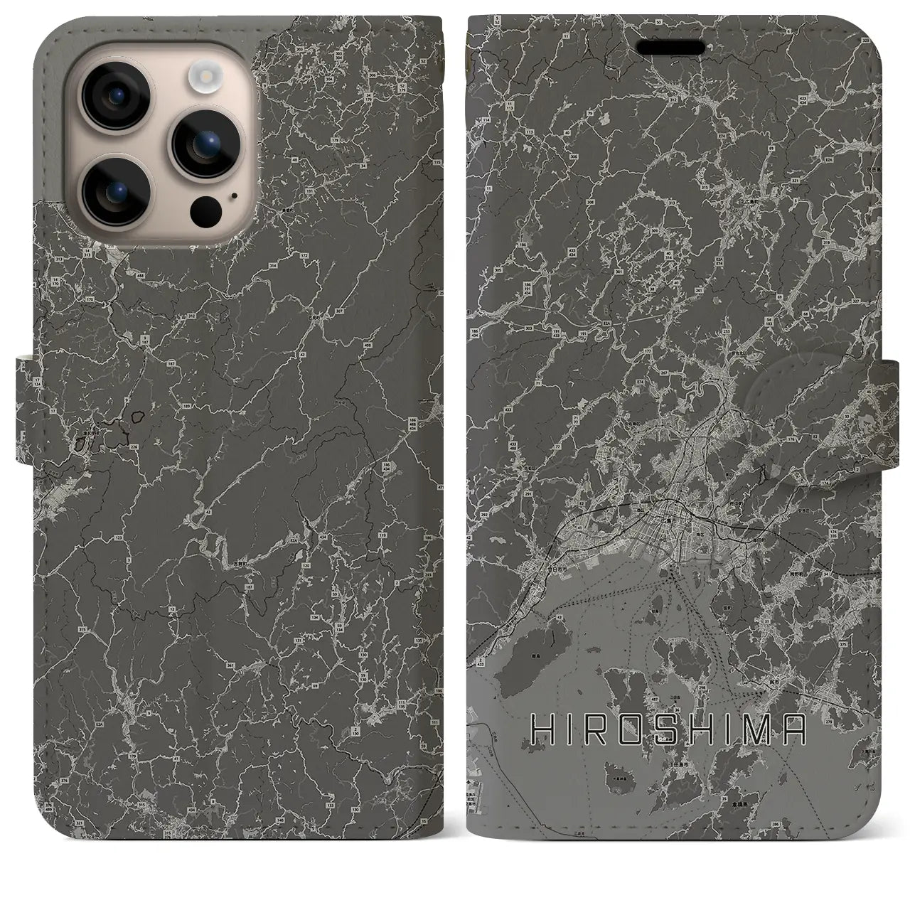 【広島2(広島県)】地図柄iPhoneケース(手帳タイプ)モノトーン・iPhone 16 Plus 用
