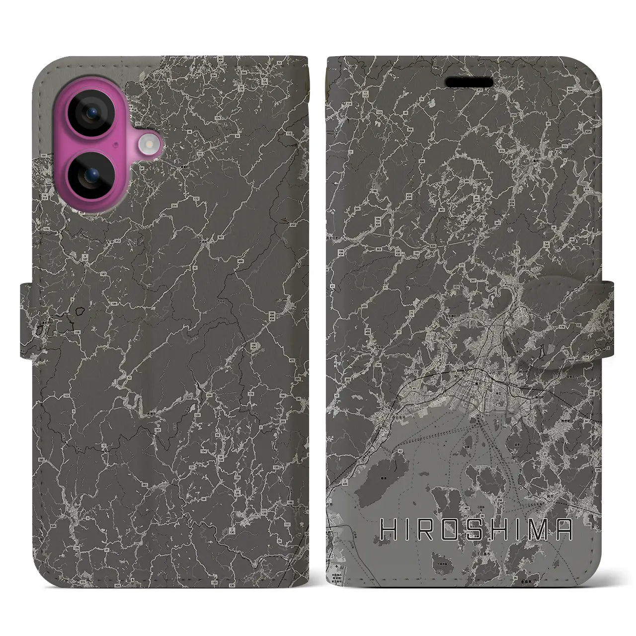 【広島2(広島県)】地図柄iPhoneケース(手帳タイプ)モノトーン・iPhone 16 Pro 用