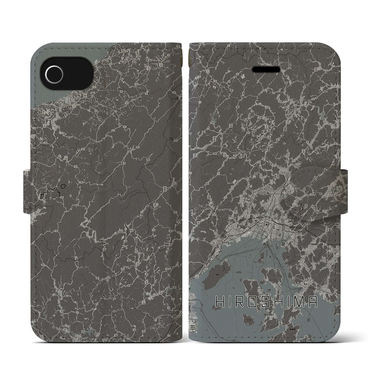【広島2(広島県)】地図柄iPhoneケース(手帳タイプ)モノトーン・iPhone SE(第3 / 第2世代) / 8 / 7 / 6s / 6 用