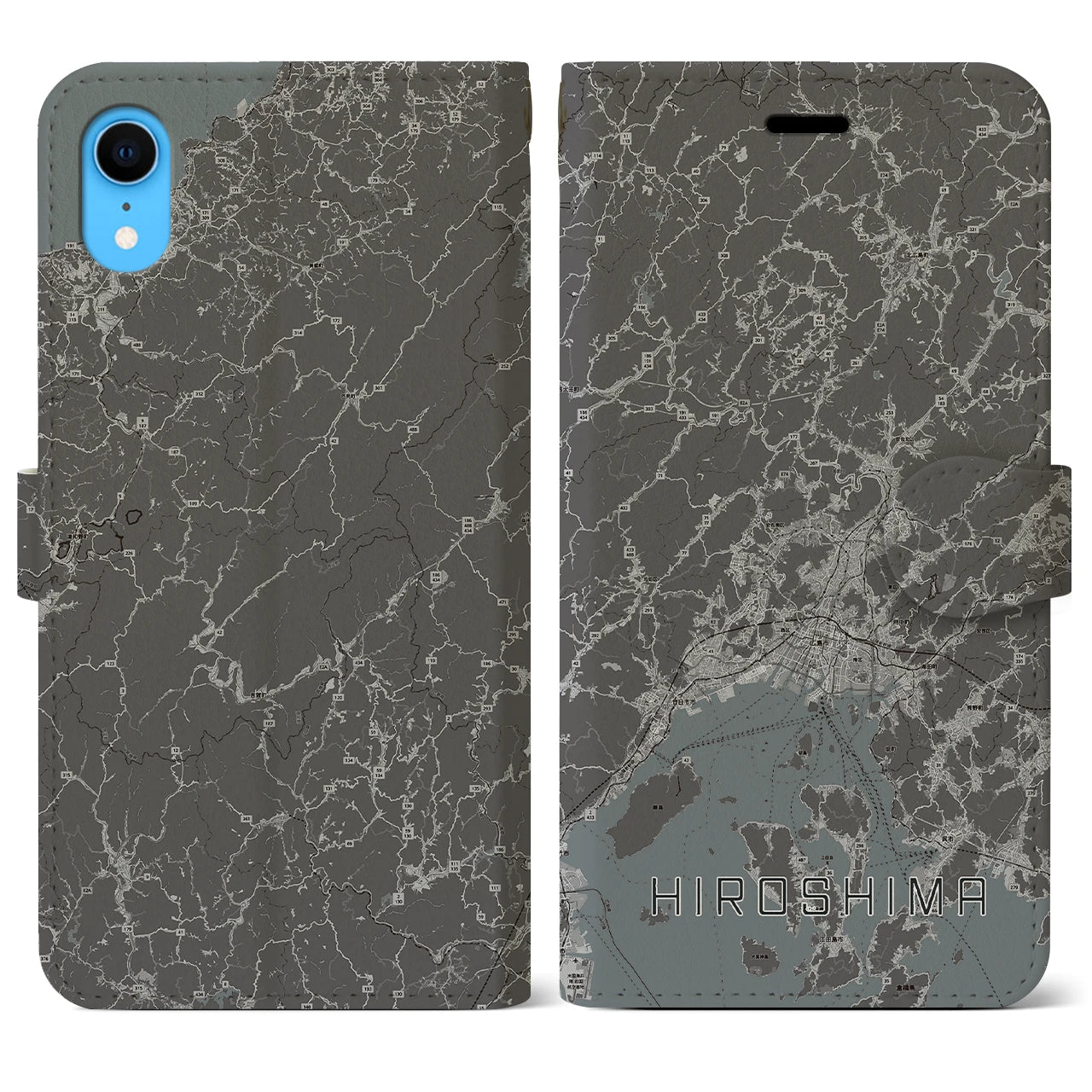 【広島2(広島県)】地図柄iPhoneケース(手帳タイプ)モノトーン・iPhone XR 用