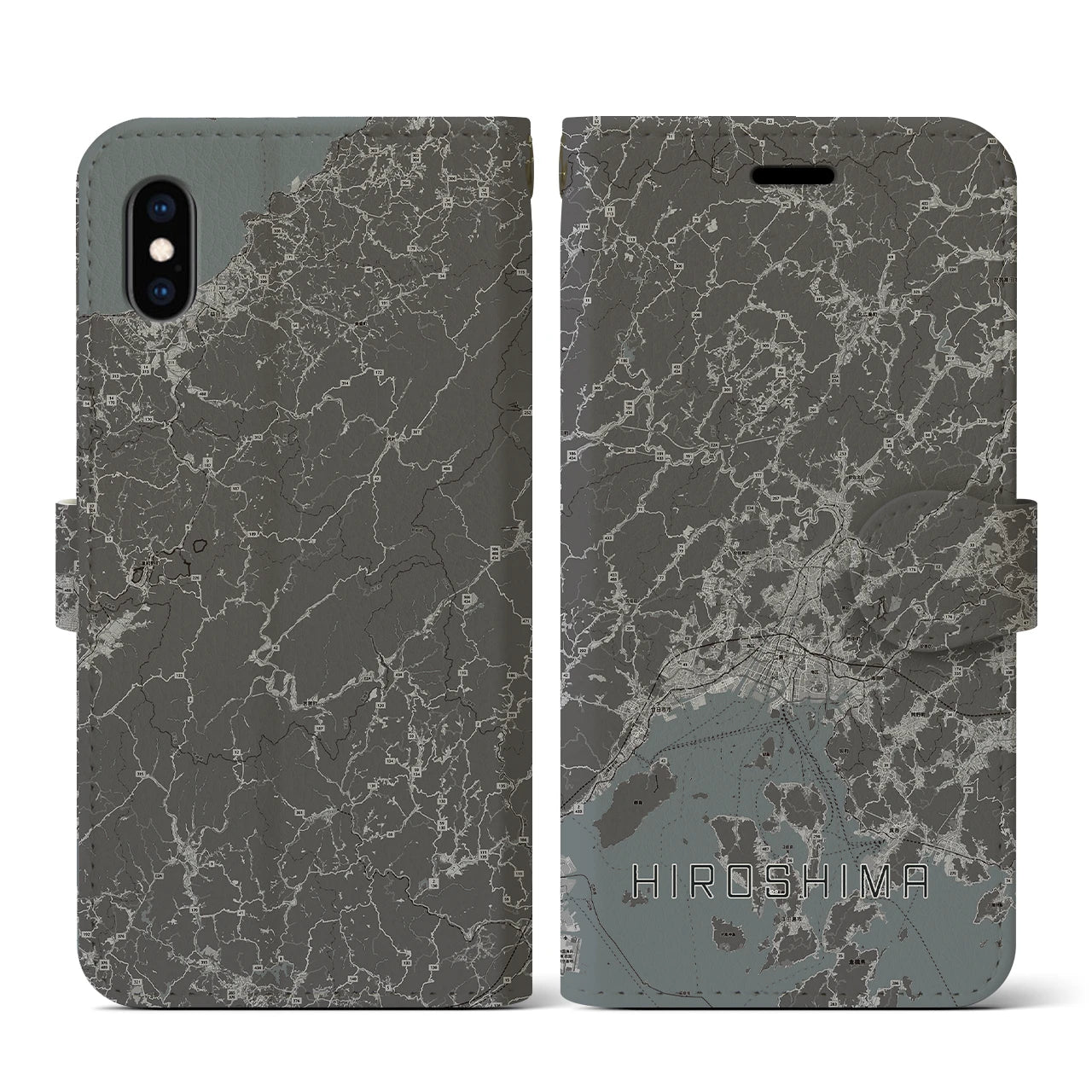 【広島2(広島県)】地図柄iPhoneケース(手帳タイプ)モノトーン・iPhone XS / X 用