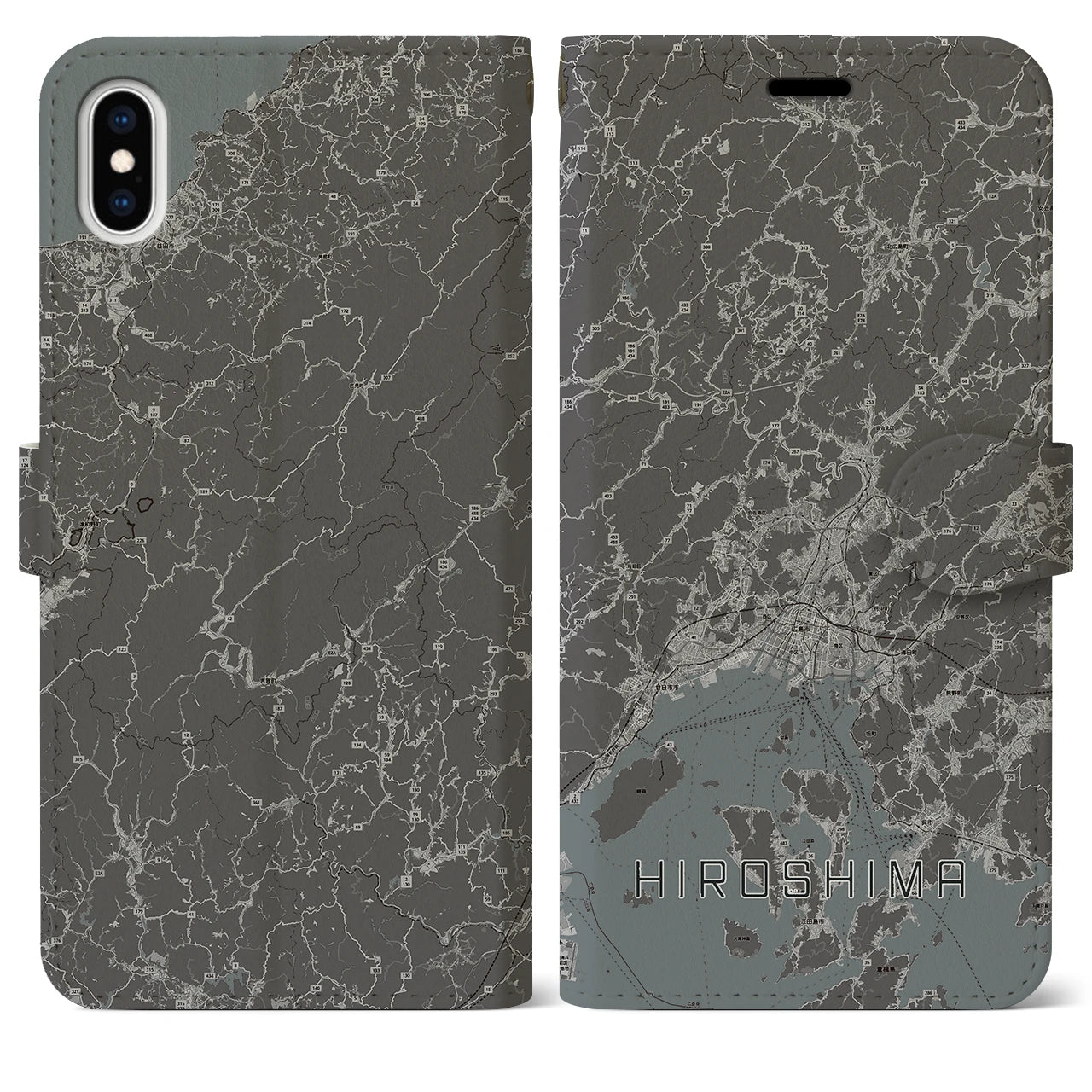 【広島2(広島県)】地図柄iPhoneケース(手帳タイプ)モノトーン・iPhone XS Max 用