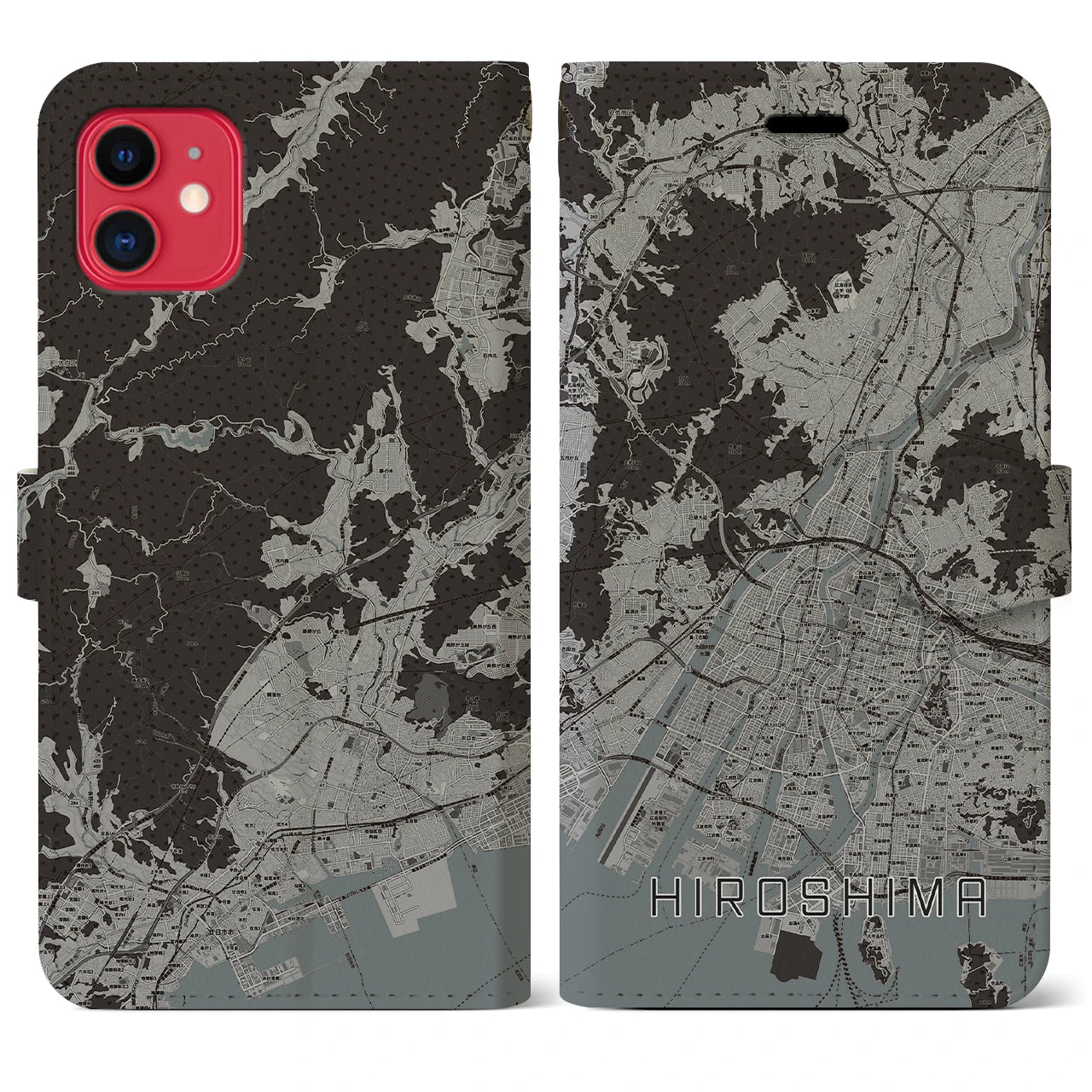 【広島(広島県)】地図柄iPhoneケース(手帳タイプ)モノトーン・iPhone 11 用