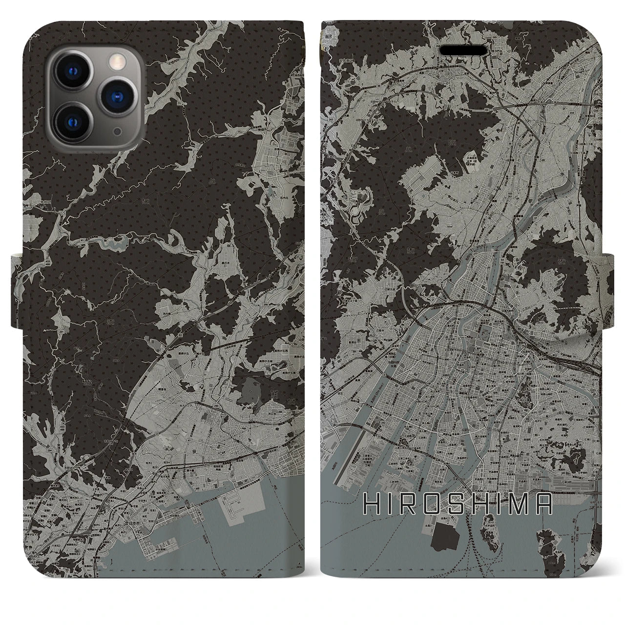 【広島(広島県)】地図柄iPhoneケース(手帳タイプ)モノトーン・iPhone 11 Pro Max 用