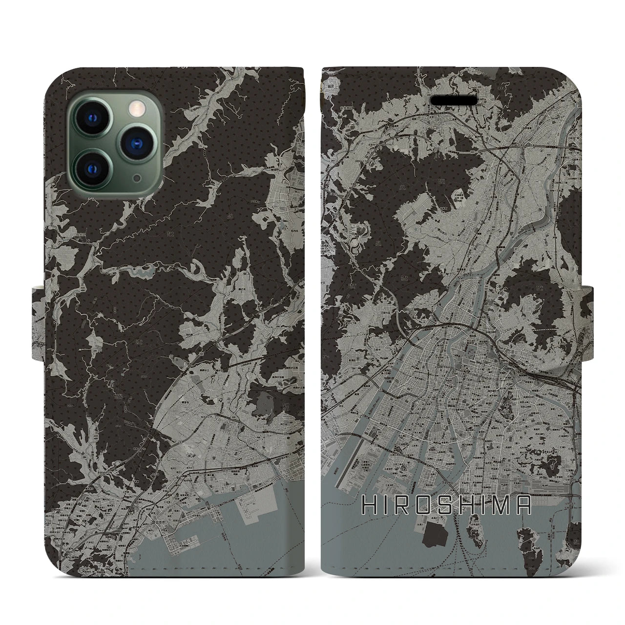【広島(広島県)】地図柄iPhoneケース(手帳タイプ)モノトーン・iPhone 11 Pro 用