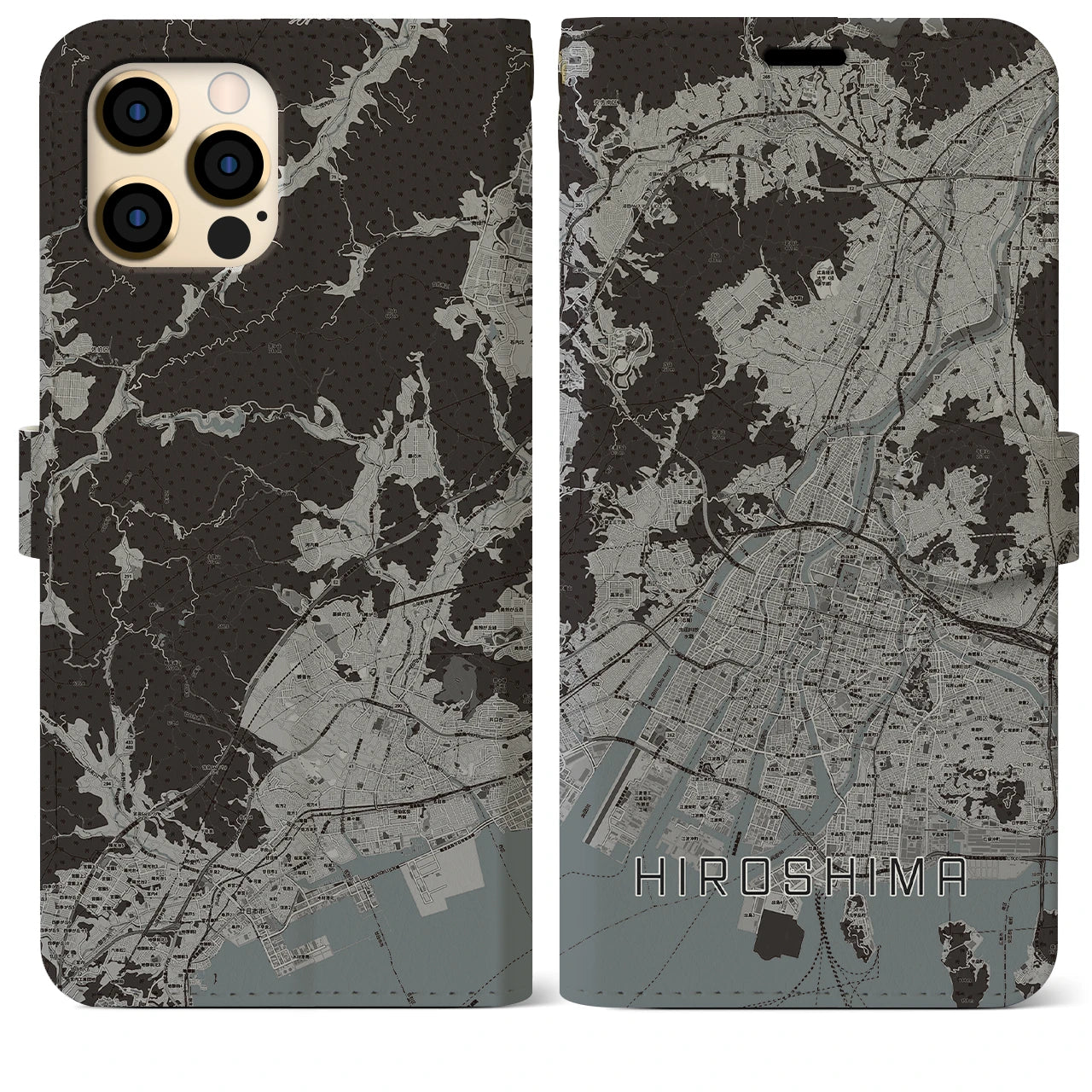【広島(広島県)】地図柄iPhoneケース(手帳タイプ)モノトーン・iPhone 12 Pro Max 用