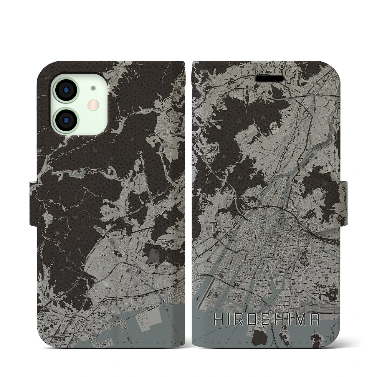 【広島(広島県)】地図柄iPhoneケース(手帳タイプ)モノトーン・iPhone 12 mini 用