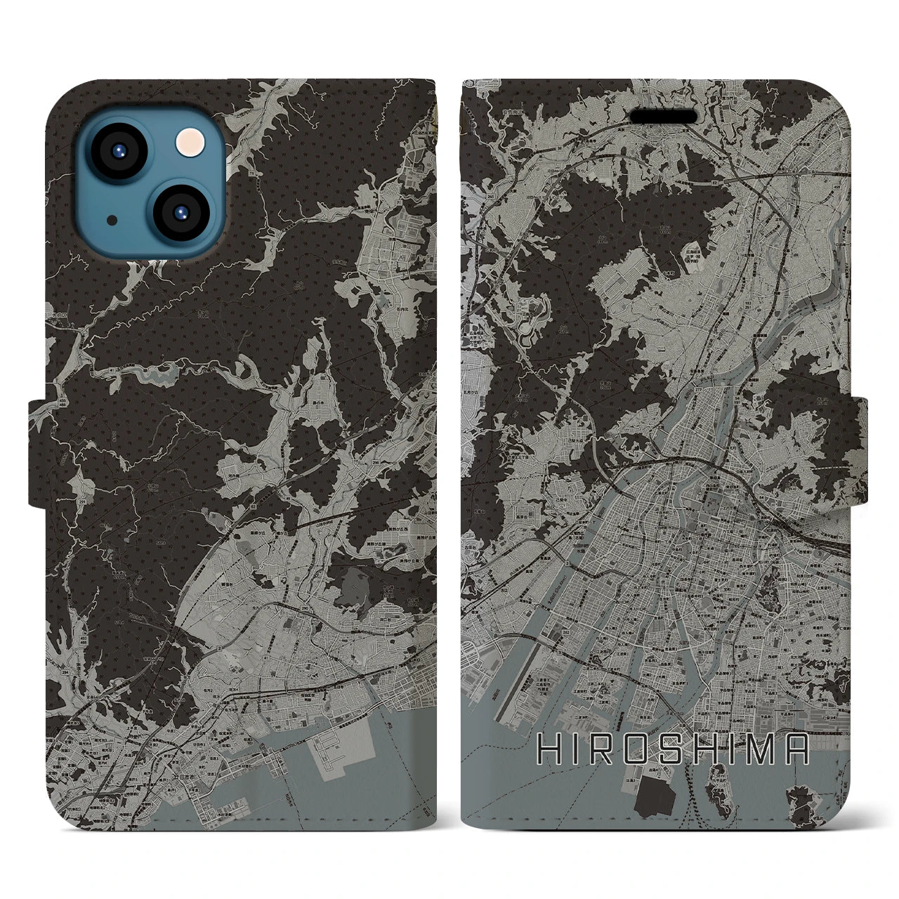 【広島(広島県)】地図柄iPhoneケース(手帳タイプ)モノトーン・iPhone 13 用