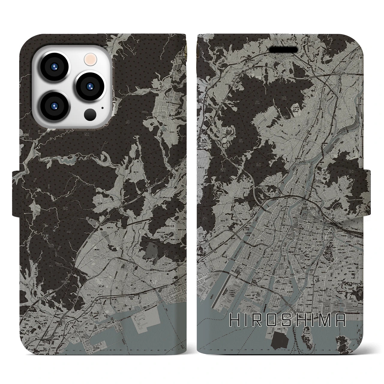 【広島(広島県)】地図柄iPhoneケース(手帳タイプ)モノトーン・iPhone 13 Pro 用