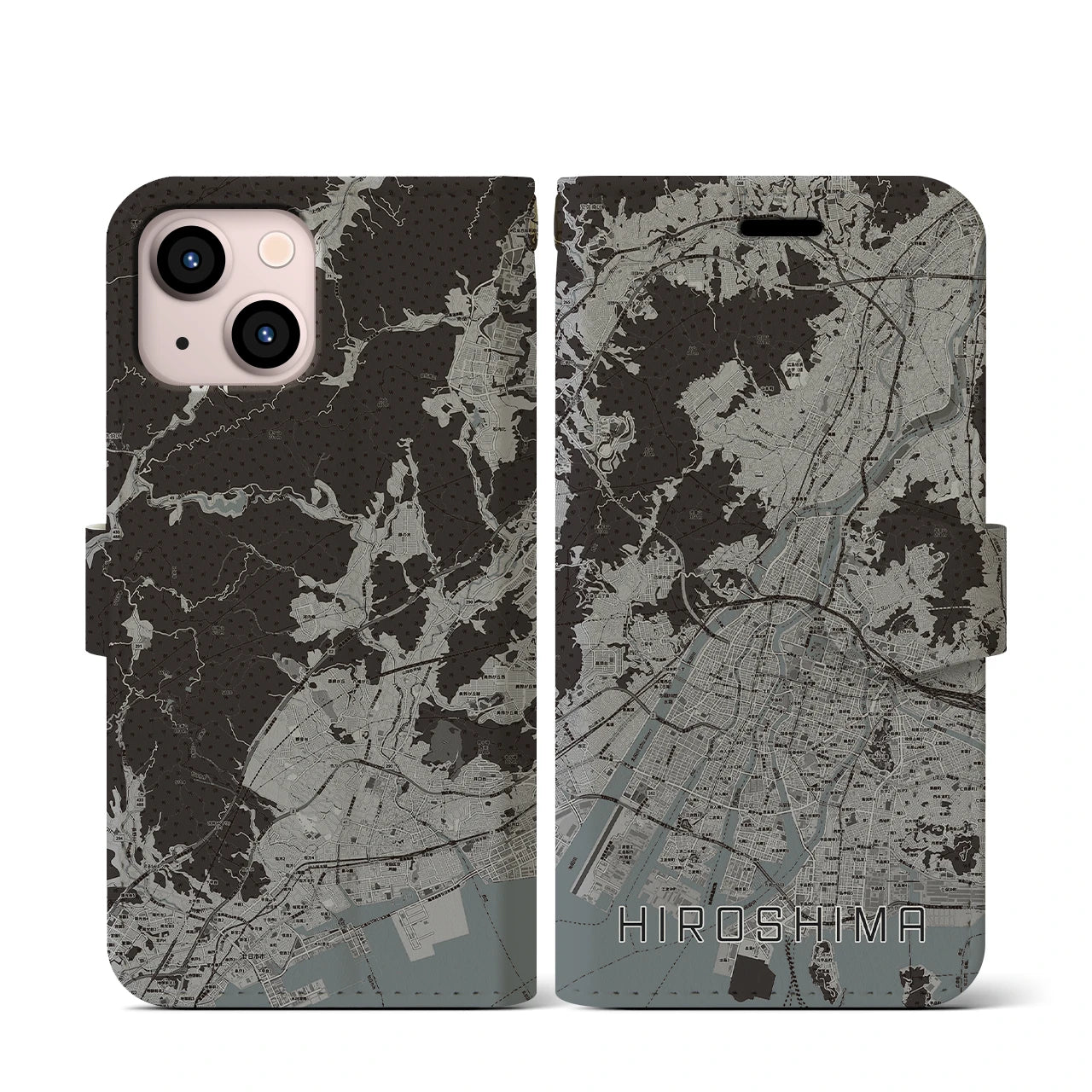【広島(広島県)】地図柄iPhoneケース(手帳タイプ)モノトーン・iPhone 13 mini 用