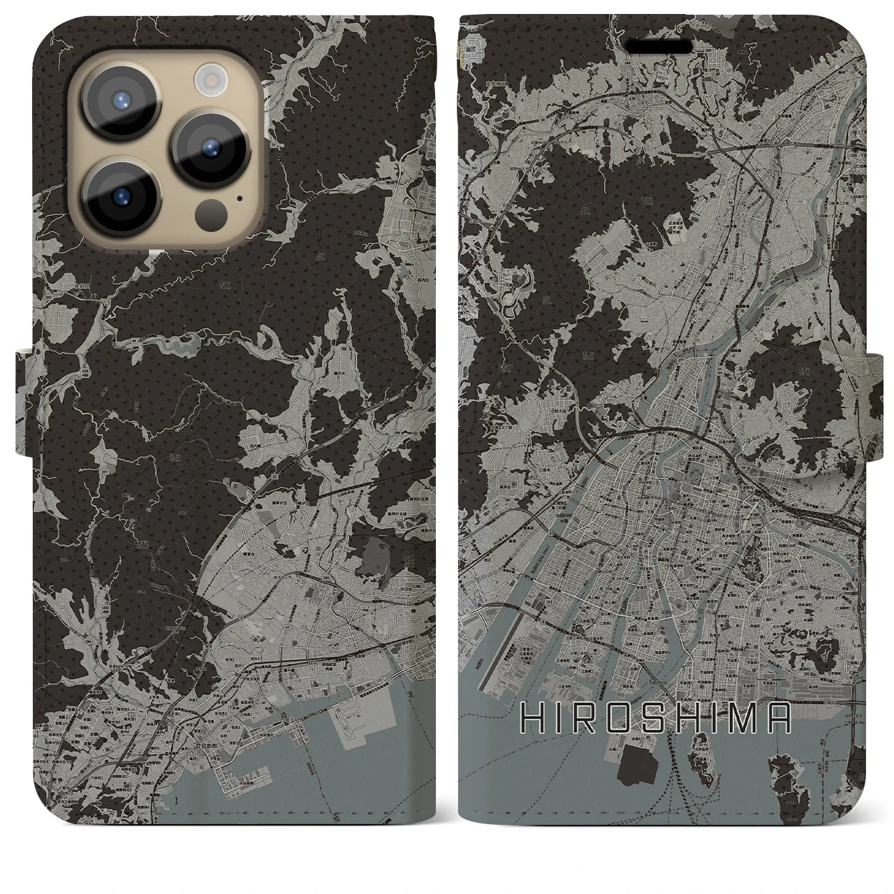 【広島(広島県)】地図柄iPhoneケース(手帳タイプ)モノトーン・iPhone 14 Pro Max 用