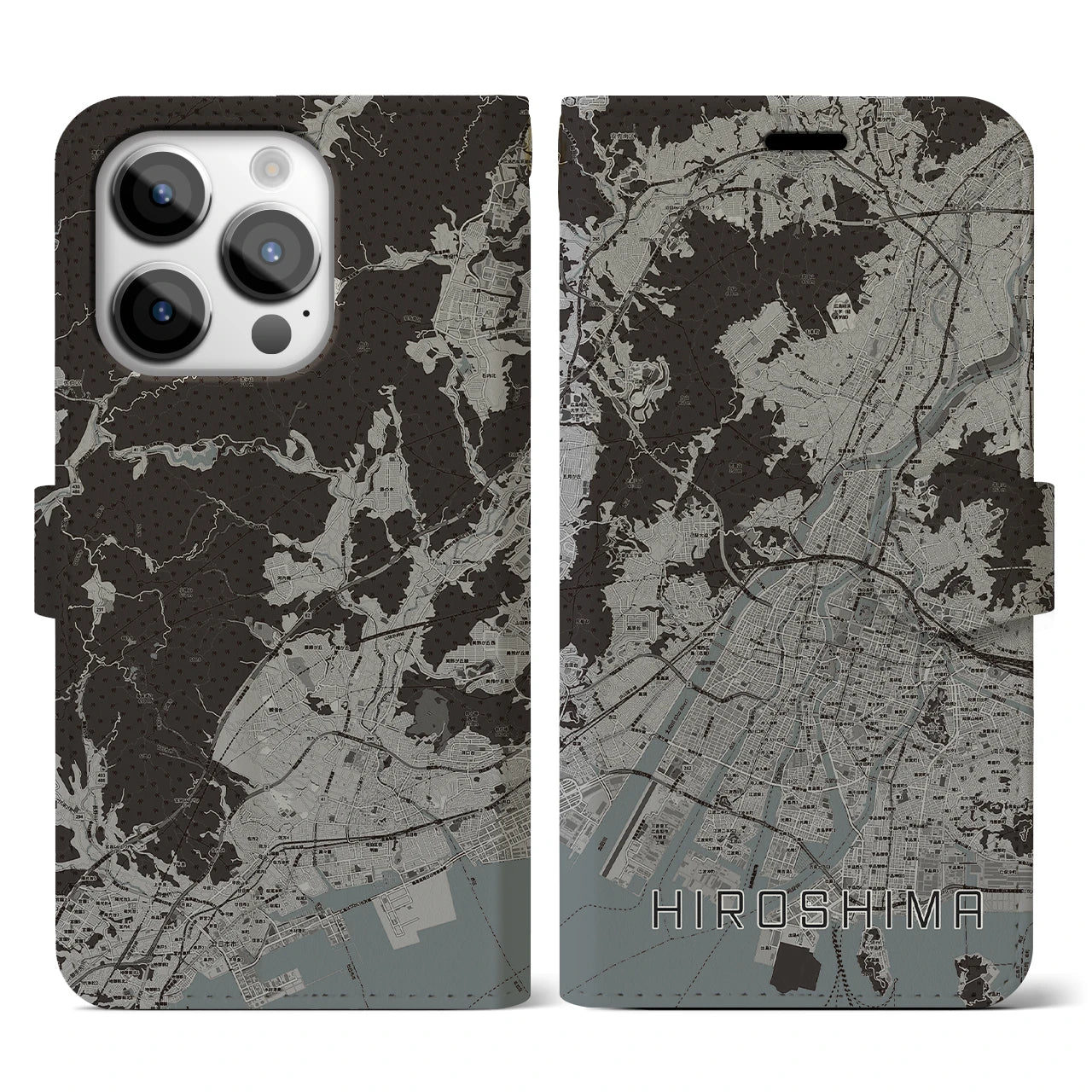 【広島(広島県)】地図柄iPhoneケース(手帳タイプ)モノトーン・iPhone 14 Pro 用