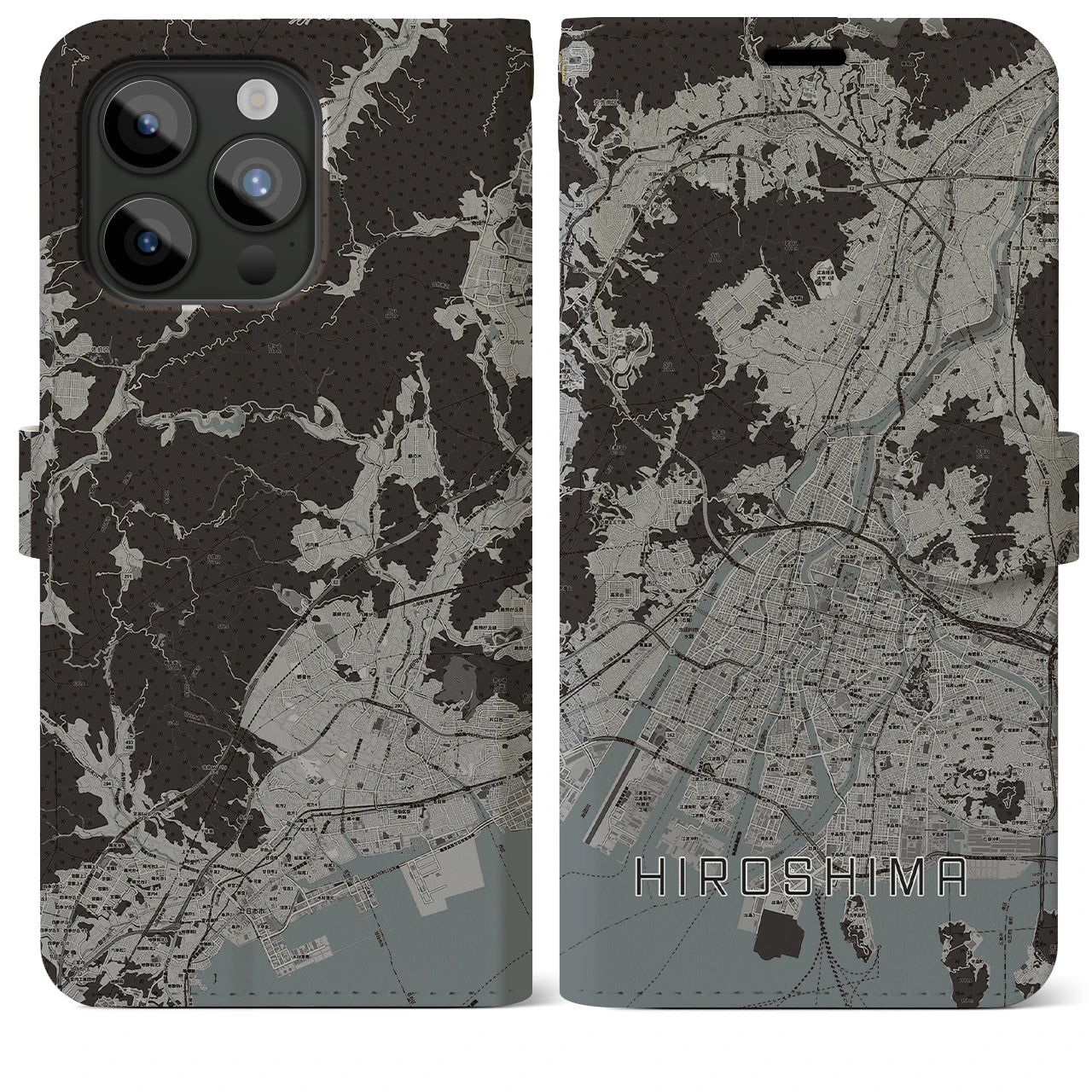 【広島(広島県)】地図柄iPhoneケース(手帳タイプ)モノトーン・iPhone 15 Pro Max 用