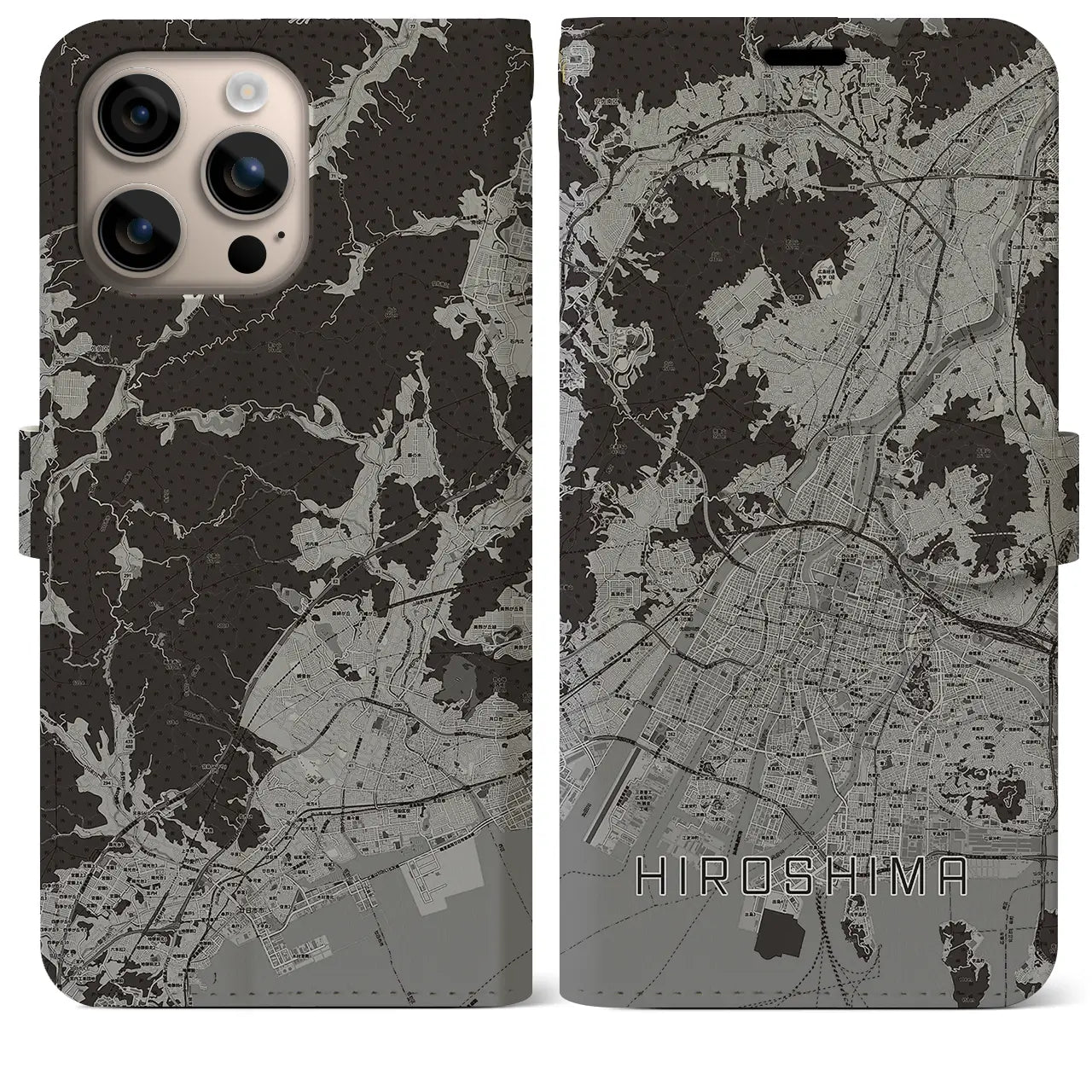 【広島(広島県)】地図柄iPhoneケース(手帳タイプ)モノトーン・iPhone 16 Plus 用