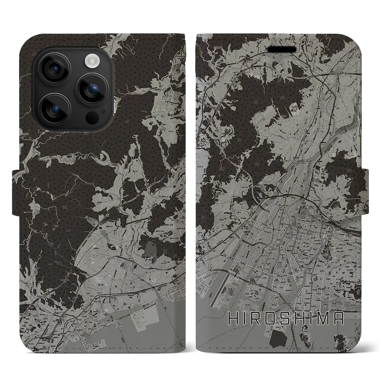 【広島(広島県)】地図柄iPhoneケース(手帳タイプ)モノトーン・iPhone 16 用