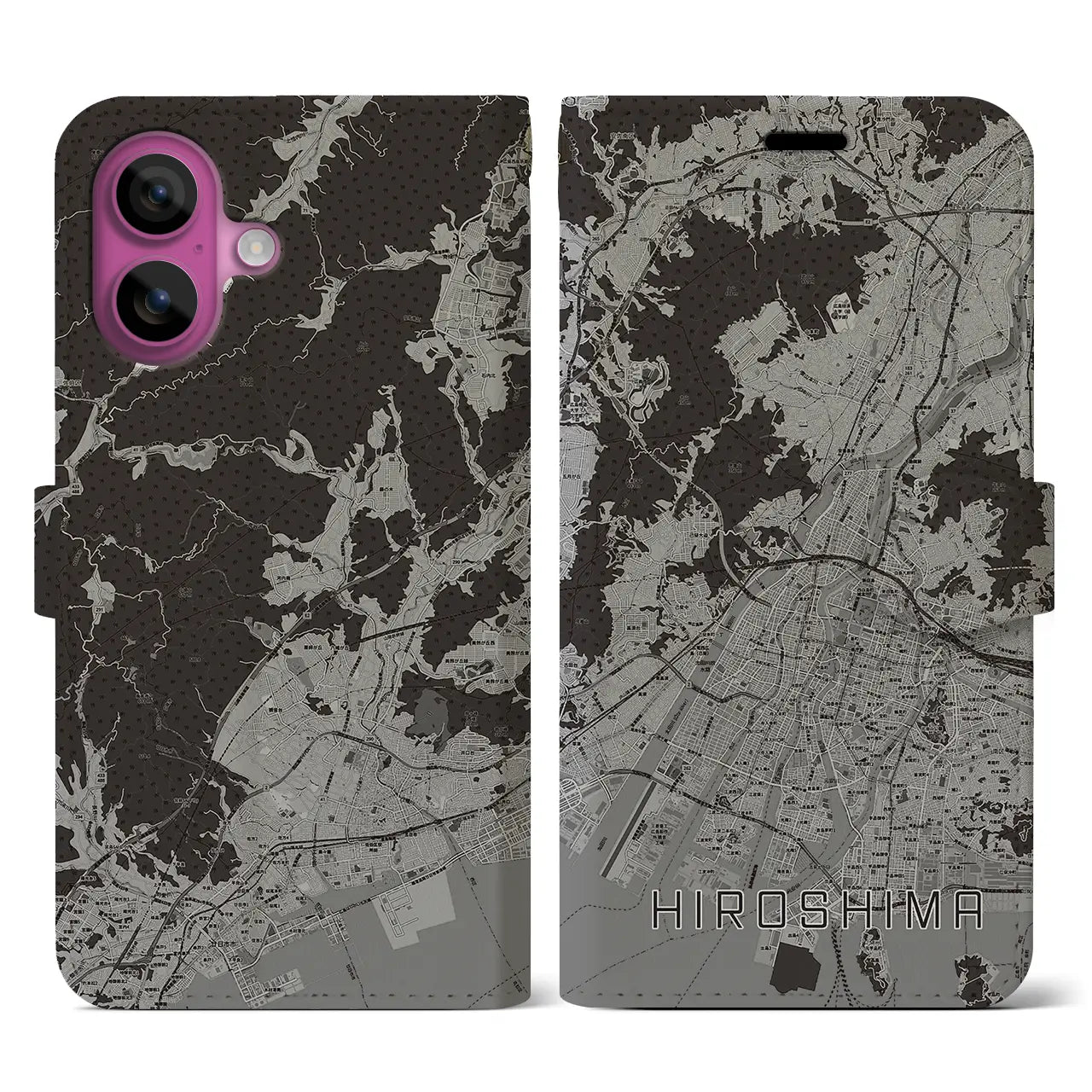 【広島(広島県)】地図柄iPhoneケース(手帳タイプ)モノトーン・iPhone 16 Pro 用