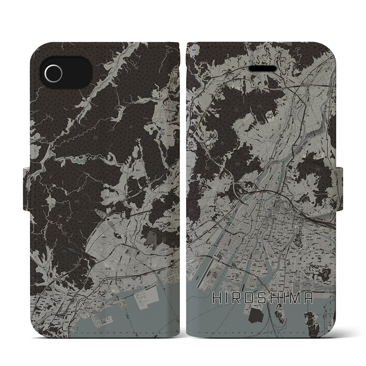 【広島(広島県)】地図柄iPhoneケース(手帳タイプ)モノトーン・iPhone SE(第3 / 第2世代) / 8 / 7 / 6s / 6 用
