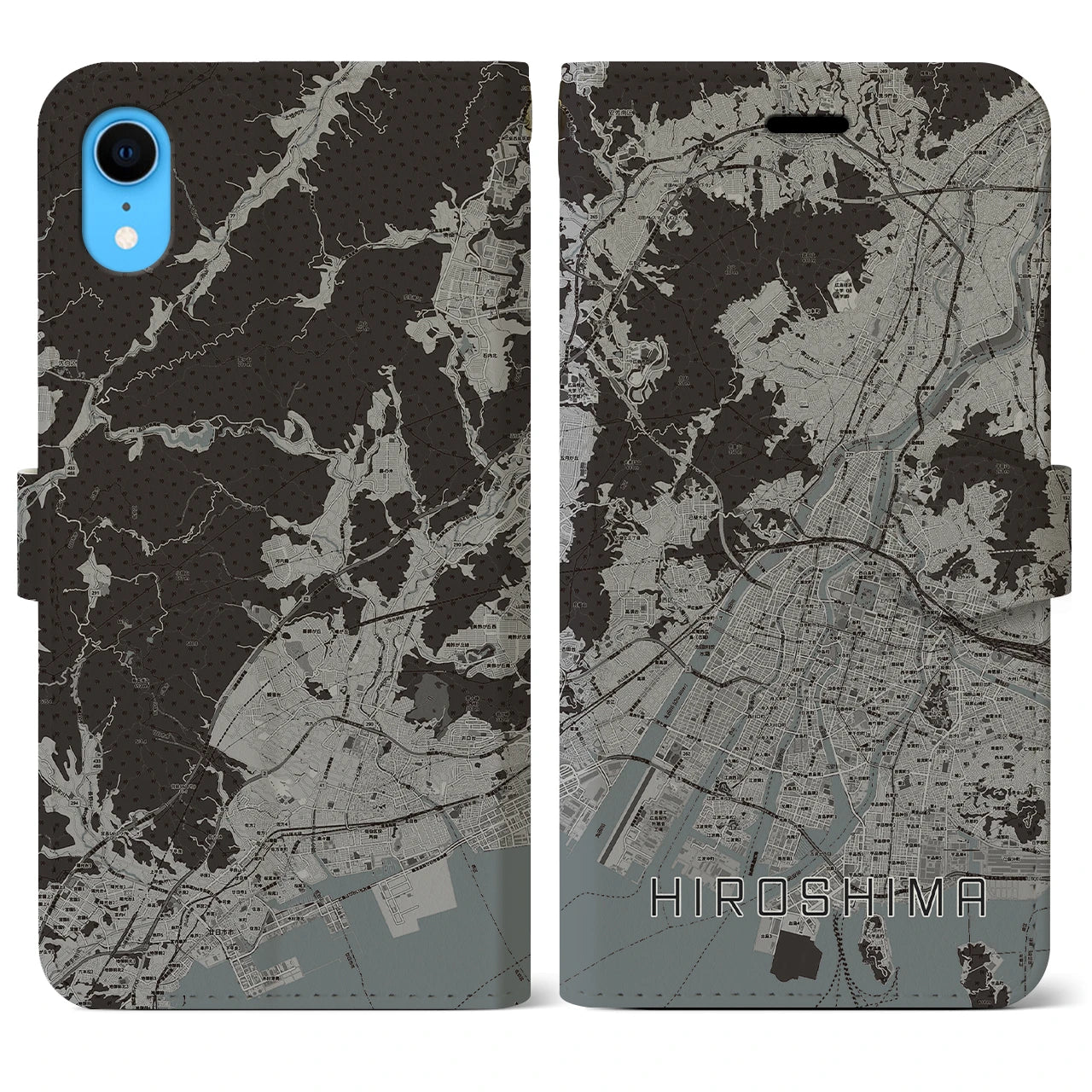 【広島(広島県)】地図柄iPhoneケース(手帳タイプ)モノトーン・iPhone XR 用