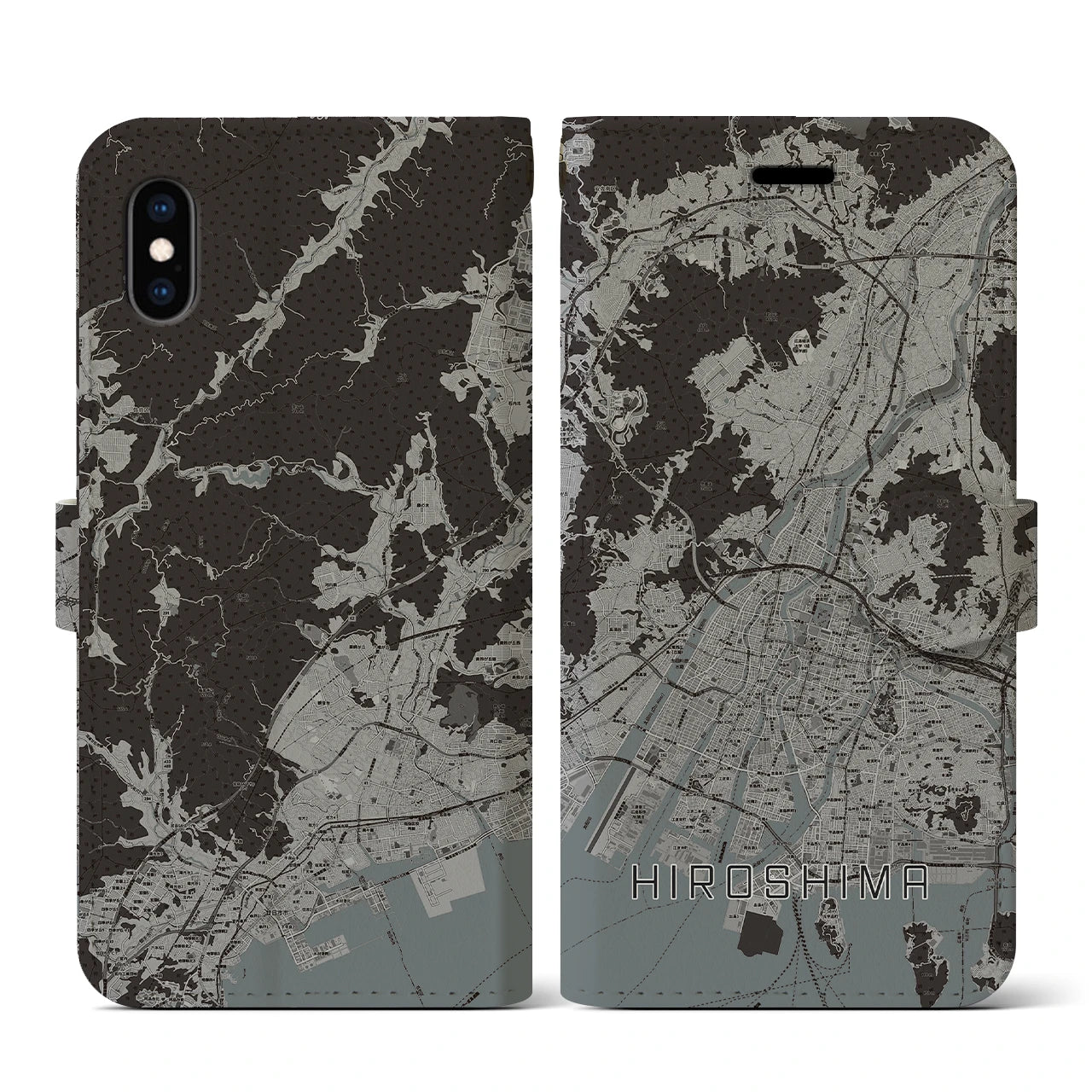 【広島(広島県)】地図柄iPhoneケース(手帳タイプ)モノトーン・iPhone XS / X 用