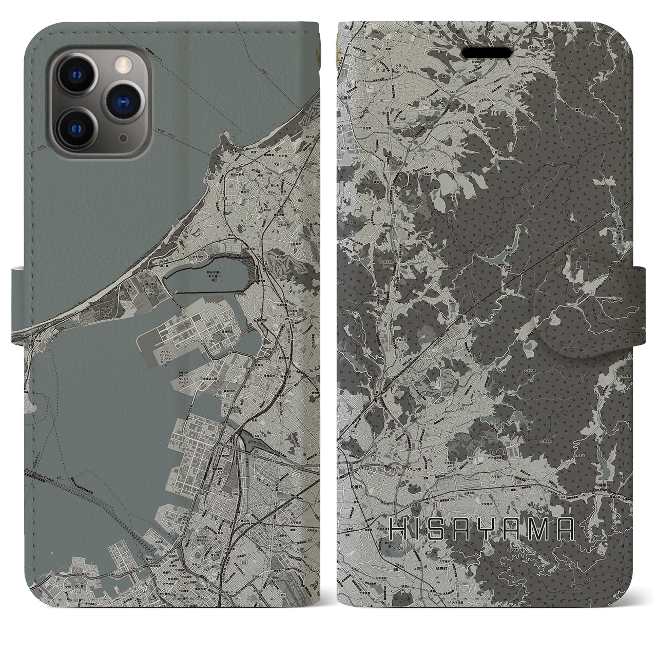 【久山(福岡県)】地図柄iPhoneケース(手帳タイプ)モノトーン・iPhone 11 Pro Max 用