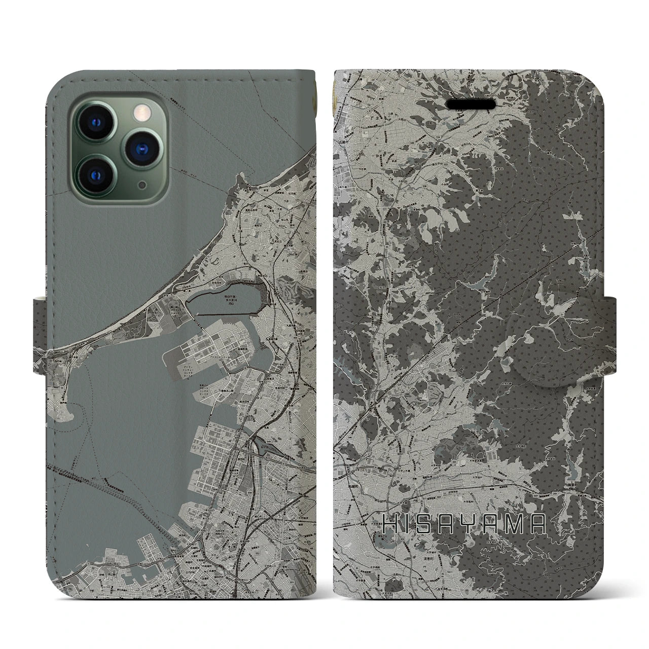 【久山(福岡県)】地図柄iPhoneケース(手帳タイプ)モノトーン・iPhone 11 Pro 用
